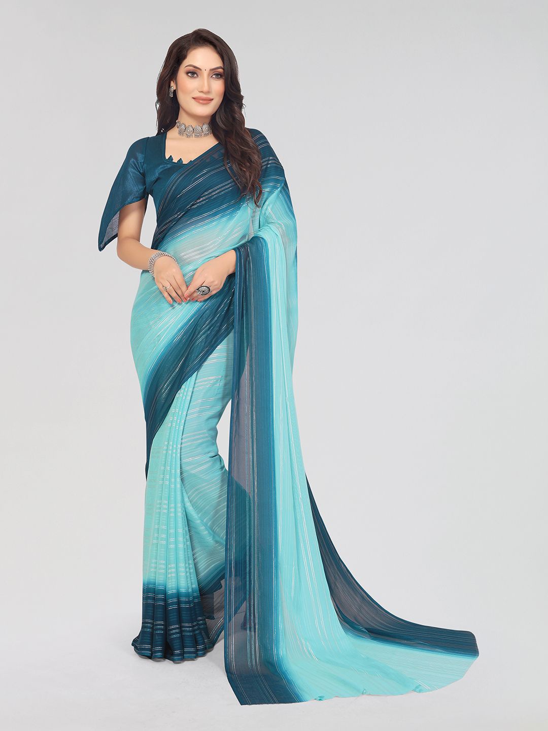 

Moda Rapido Striped Printed Saree, Blue