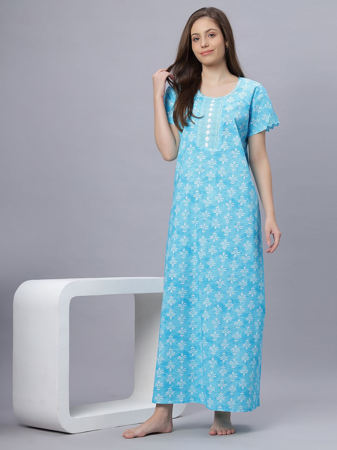 

QUIRA Women Ethnic Motifs Printed Maxi Nightdress, Blue