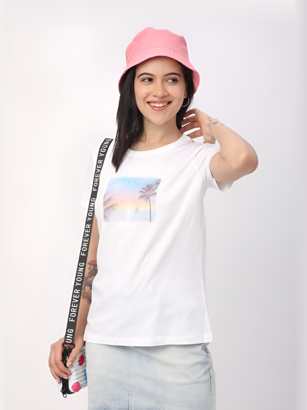 

R&B Women Graphic Printed Round Neck Cotton T-shirt, White