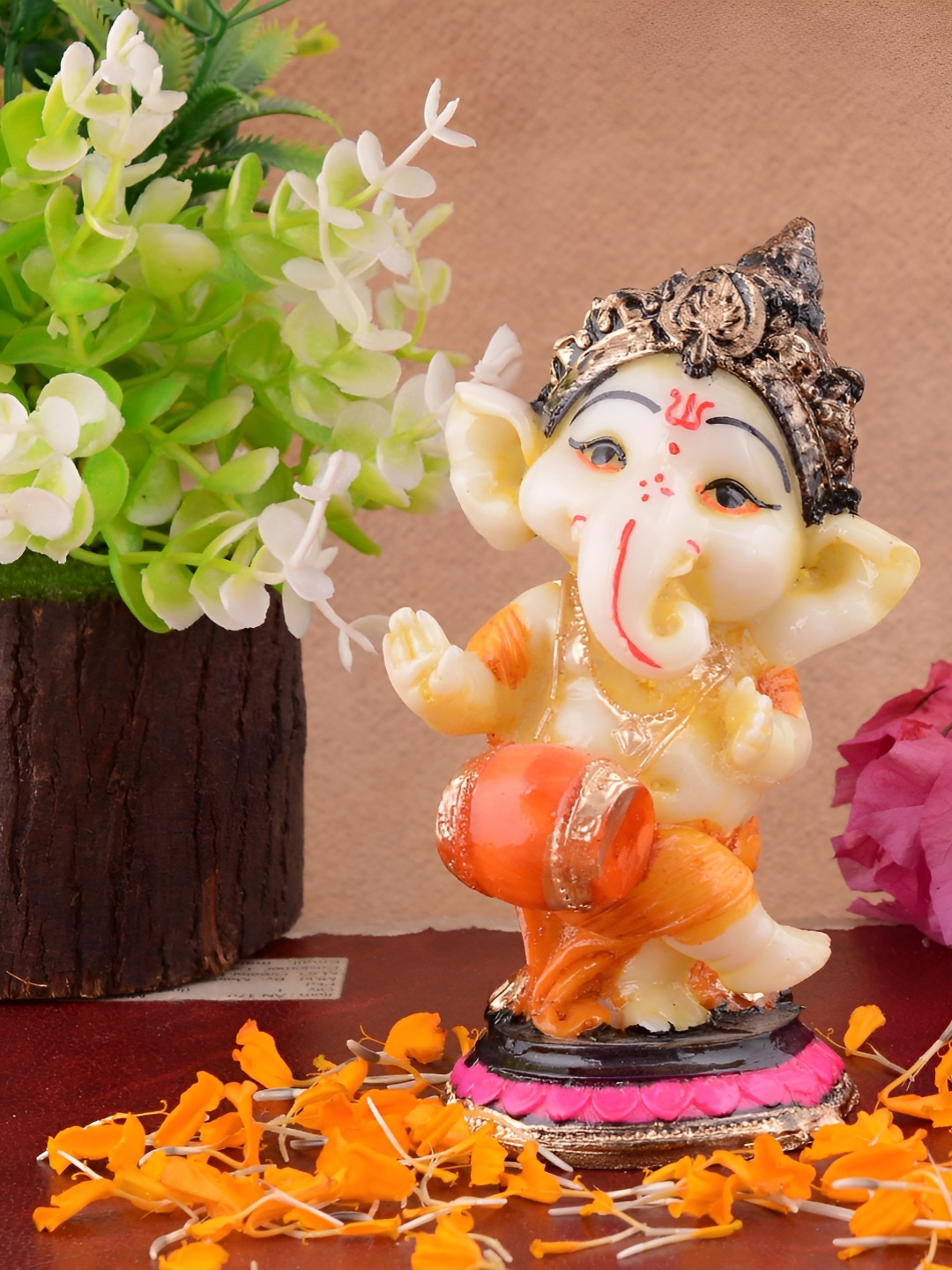 

Zart Orange & Cream Coloured Lord Ganesha Religious Idol Showpiece