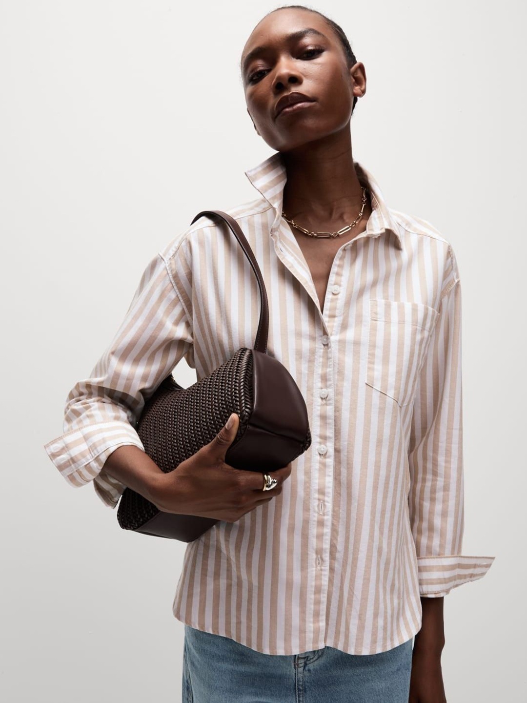 

Marks & Spencer Women Spread Collar Vertical Striped Cotton Casual Shirt, White