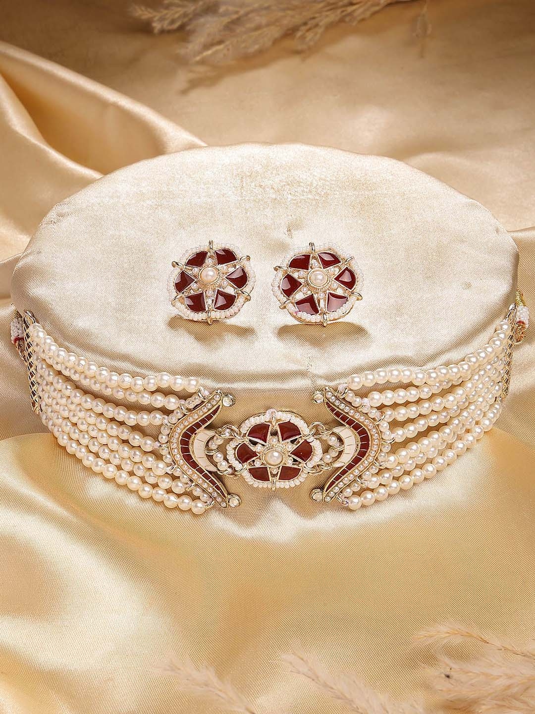 

KARATCART Gold-Plated Stone-Studded & Pearl Beaded Meena Floral Choker Jewellery Set