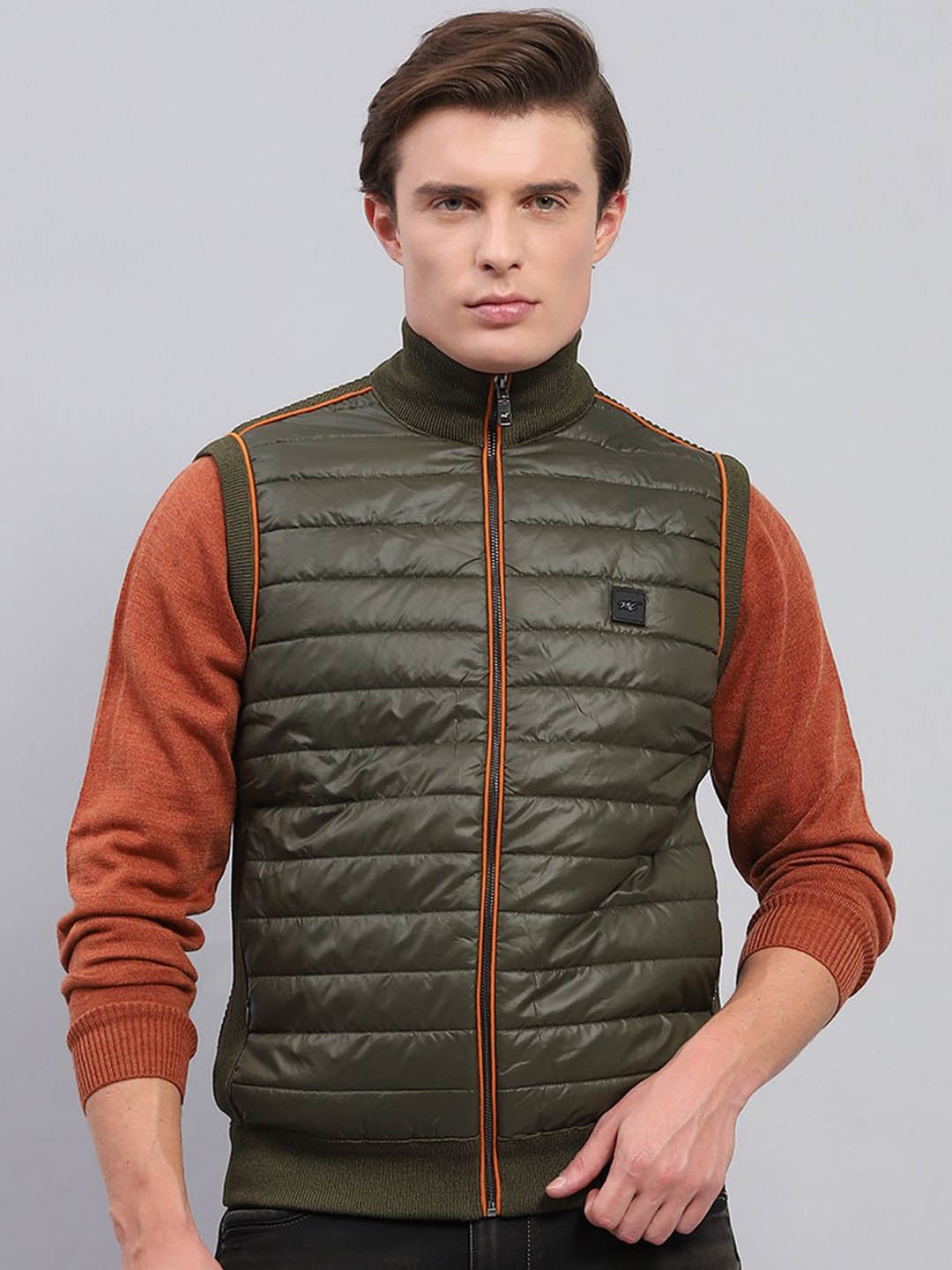 

Monte Carlo Men Mock Collar Solid Wool Casual Padded Jacket, Green
