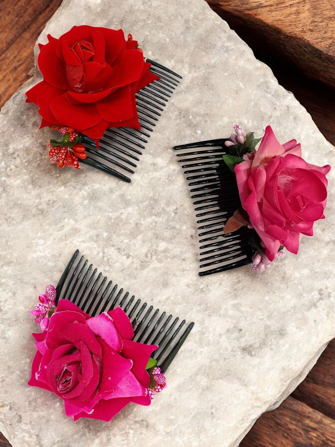 

9blings Women Set of 3 Embellished Comb Pin, Red