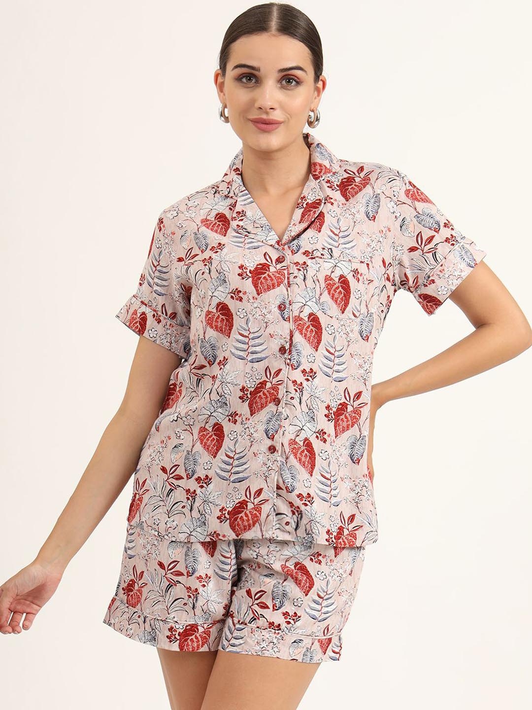 

KALINI Women Floral Printed Night suit, Peach