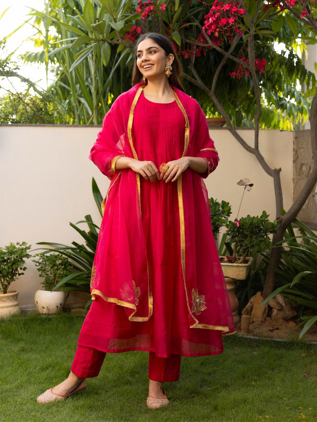 

Ambraee Striped Chanderi Cotton Panelled A-Line Kurta With Trouser & Dupatta, Pink