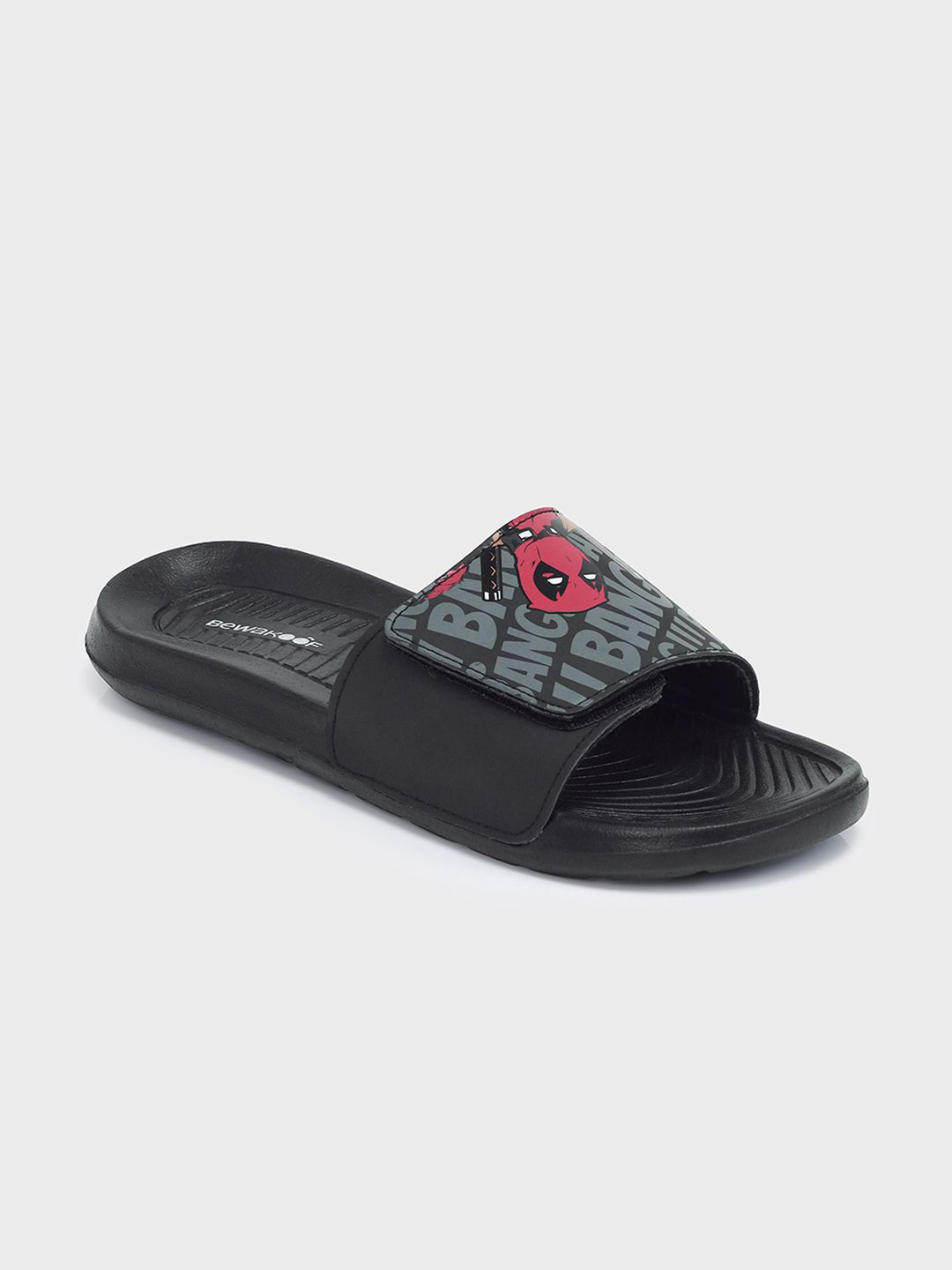 

Bewakoof Official Marvel Merchandise Men Printed Rubber Sliders, Black