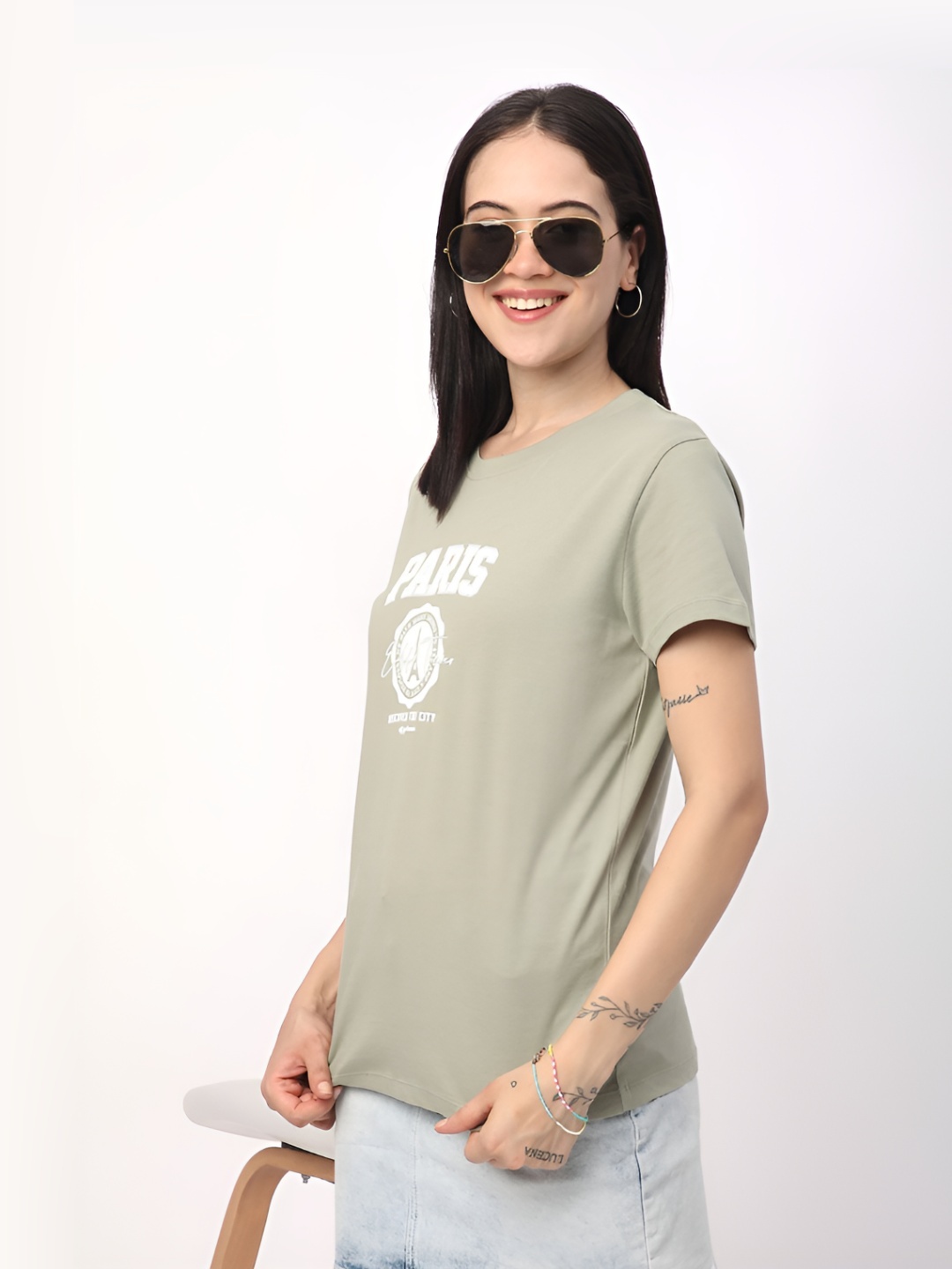 

R&B Women Typography Printed Round Neck Cotton T-shirt, Green