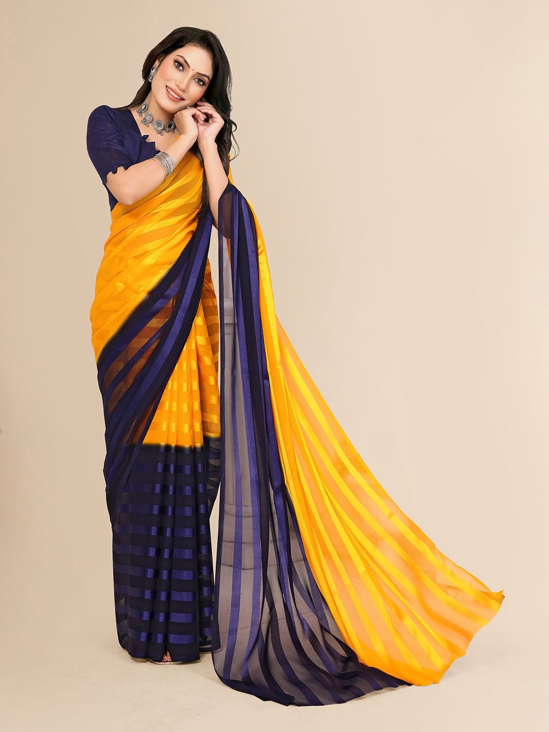 

Moda Rapido Striped Saree With Unstitched Blouse Piece, Yellow