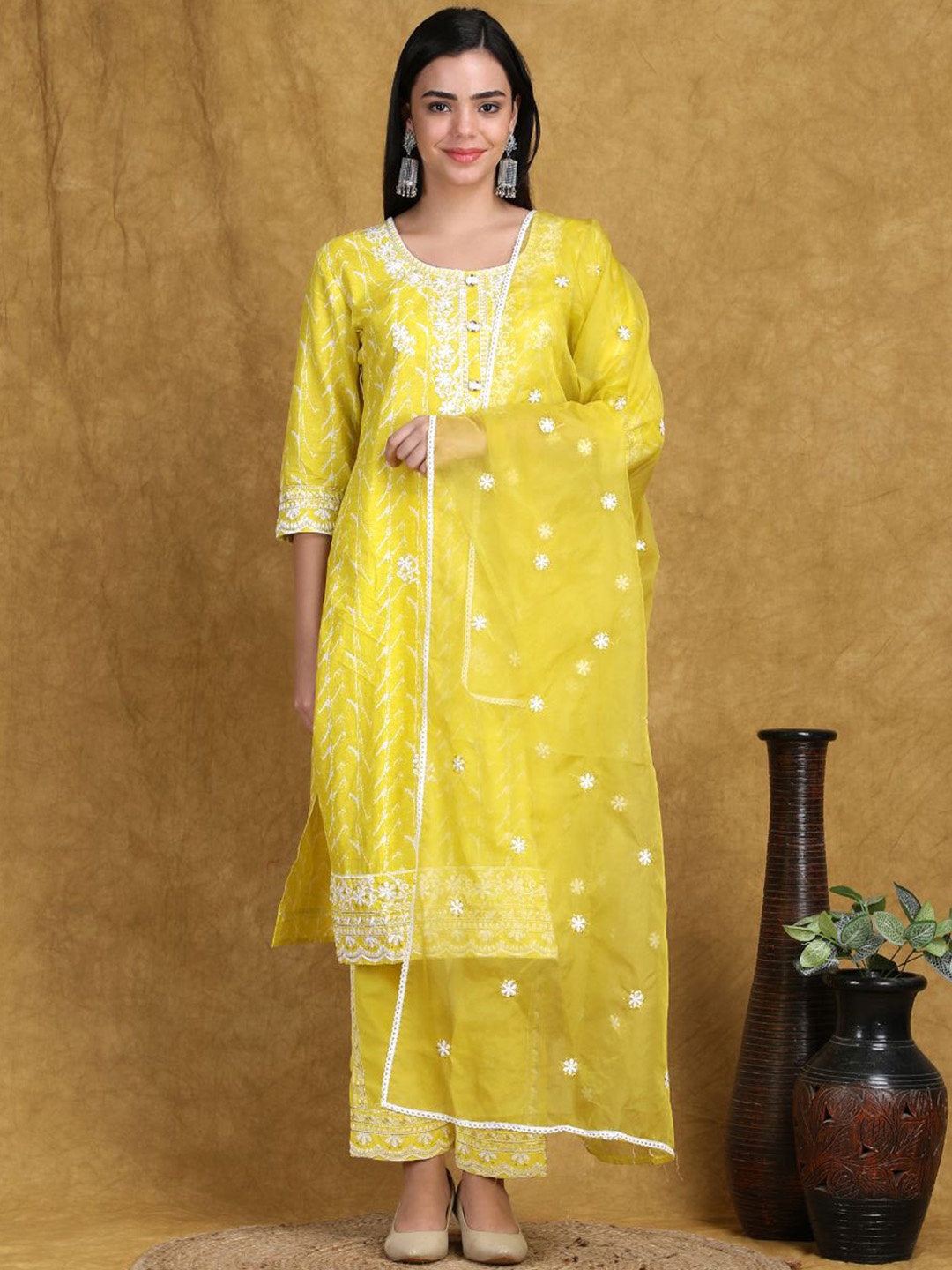 

SHIFORY Floral Embroidered Thread Work Pure Cotton Kurta with Trouser & Dupatta, Yellow