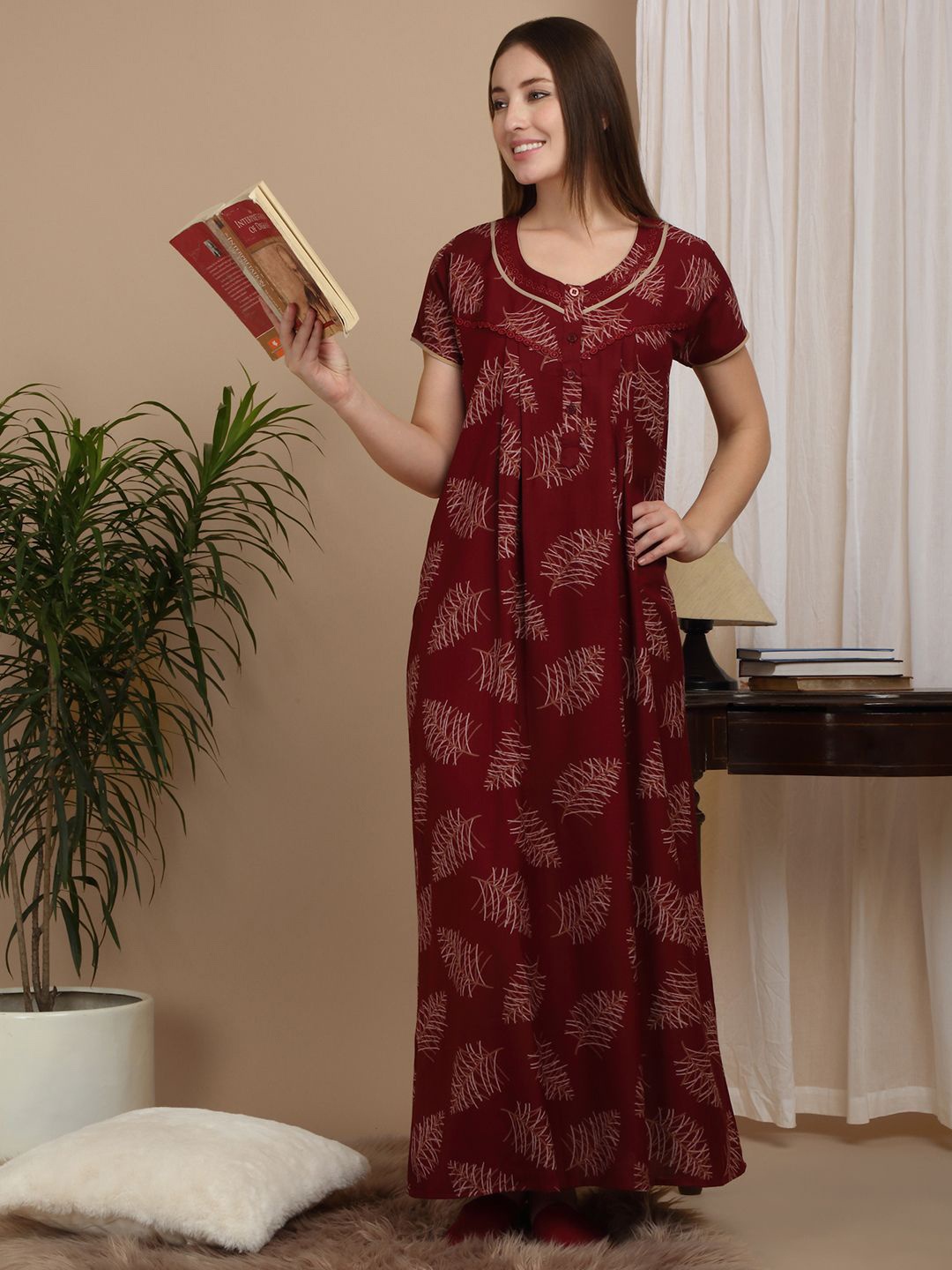 

Sweet Dreams Women Pure Cotton Printed Round Neck Maxi Nightdress, Maroon