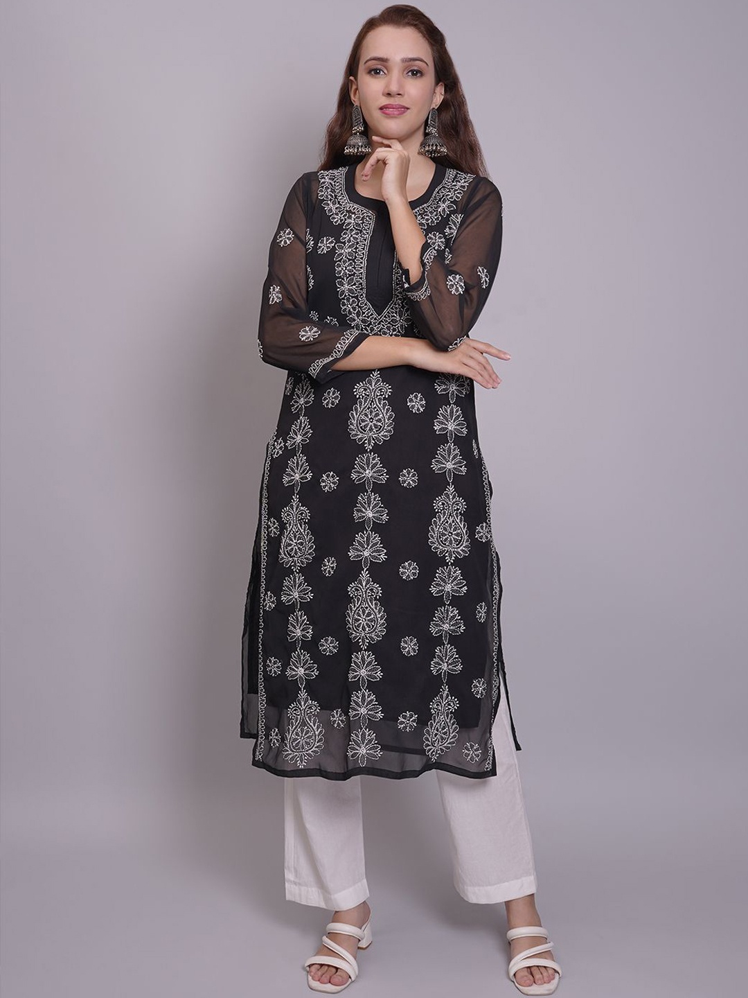 

Seva Chikan Mandarin Collar Ethnic Motifs Embroidered Chikankari Cotton Kurta, Black