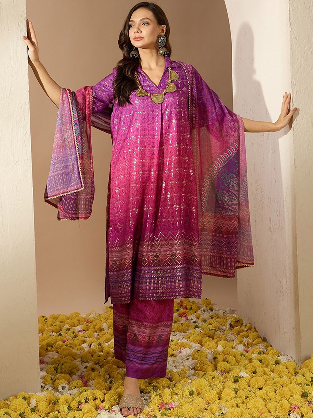 

ZIYAA Purple V-Neck Geometric Printed Regular Kurta with Palazzo & Dupatta