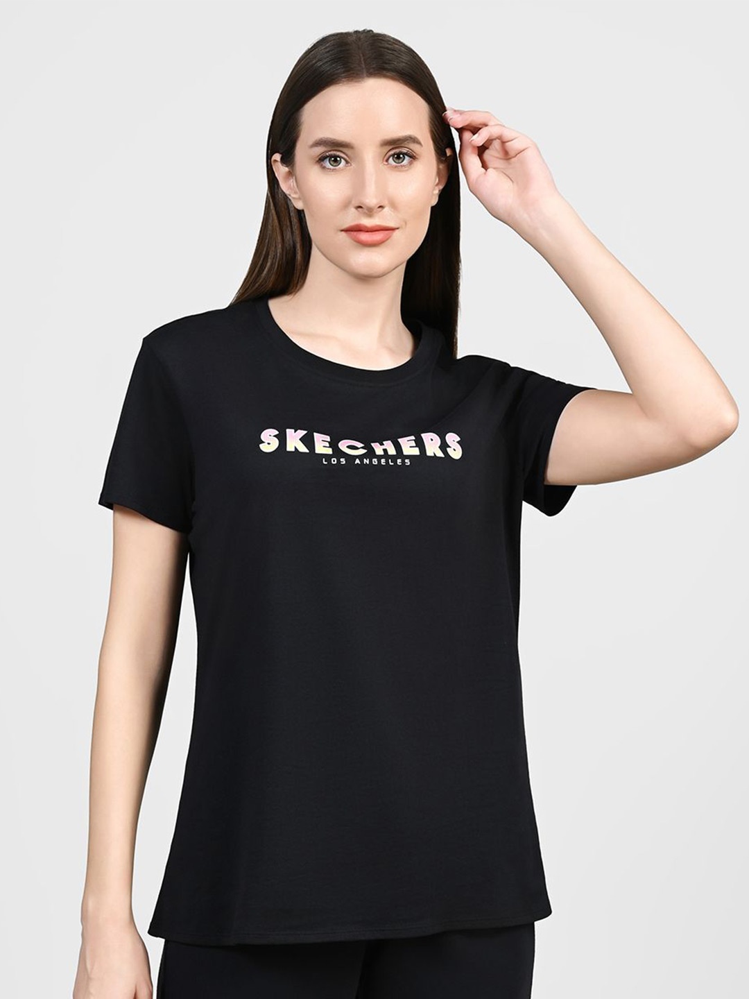 

Skechers Mock Stud Women Typography Printed Round Neck T-shirt, Black