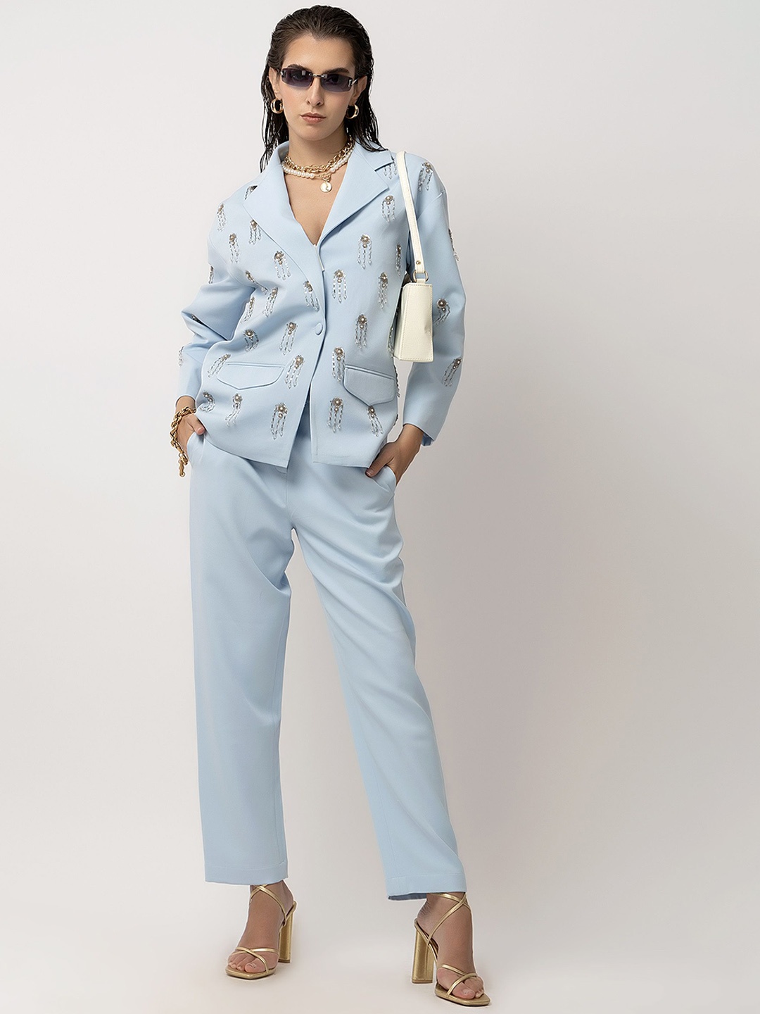 

Diwaah Notched Lapel Collar Embroidered Blazer With Trousers, Blue