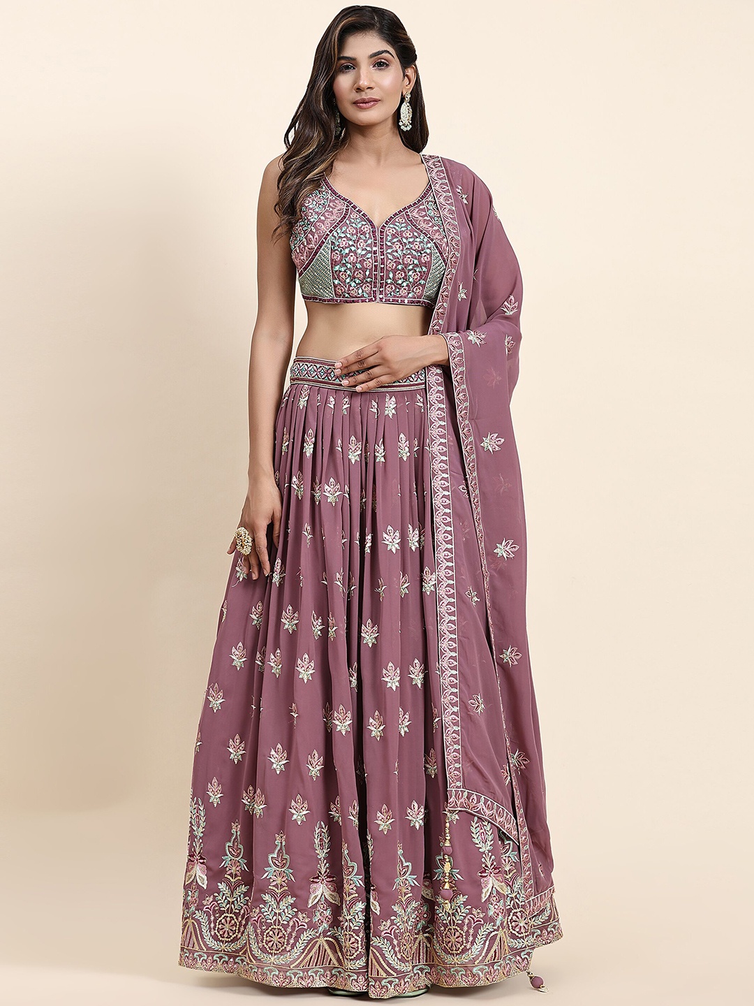 

VANAKARA Embroidered Sequinned Ready to Wear Lehenga & Blouse With Dupatta, Magenta