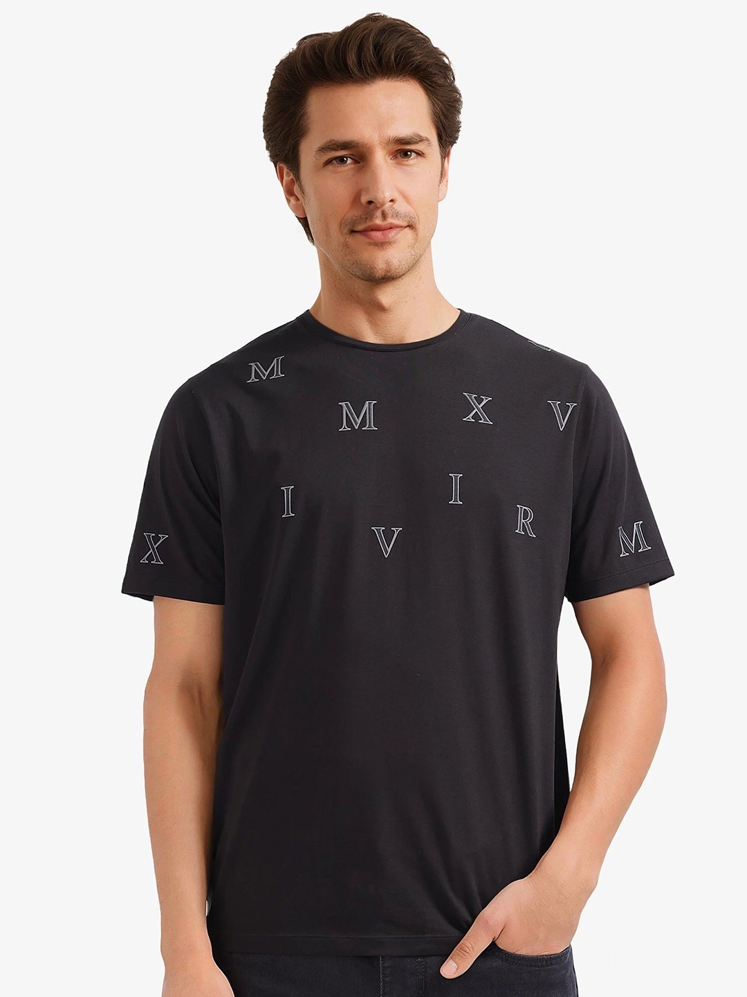 

RARE RABBIT Men Typography Printed Round Neck Cotton T-shirt, Black