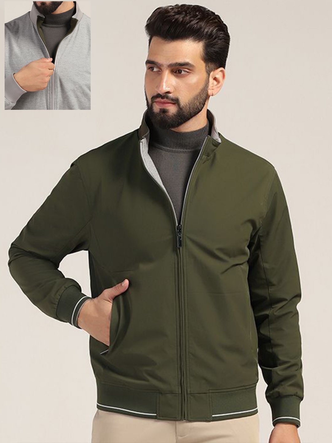 

Blackberrys Men Mock Collar Solid Casual Bomber Reversible Jacket, Olive