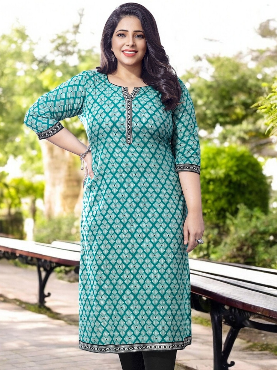 

Jevi Prints Plus Size Geometric Printed Round Neck Straight Cotton Kurta, Teal