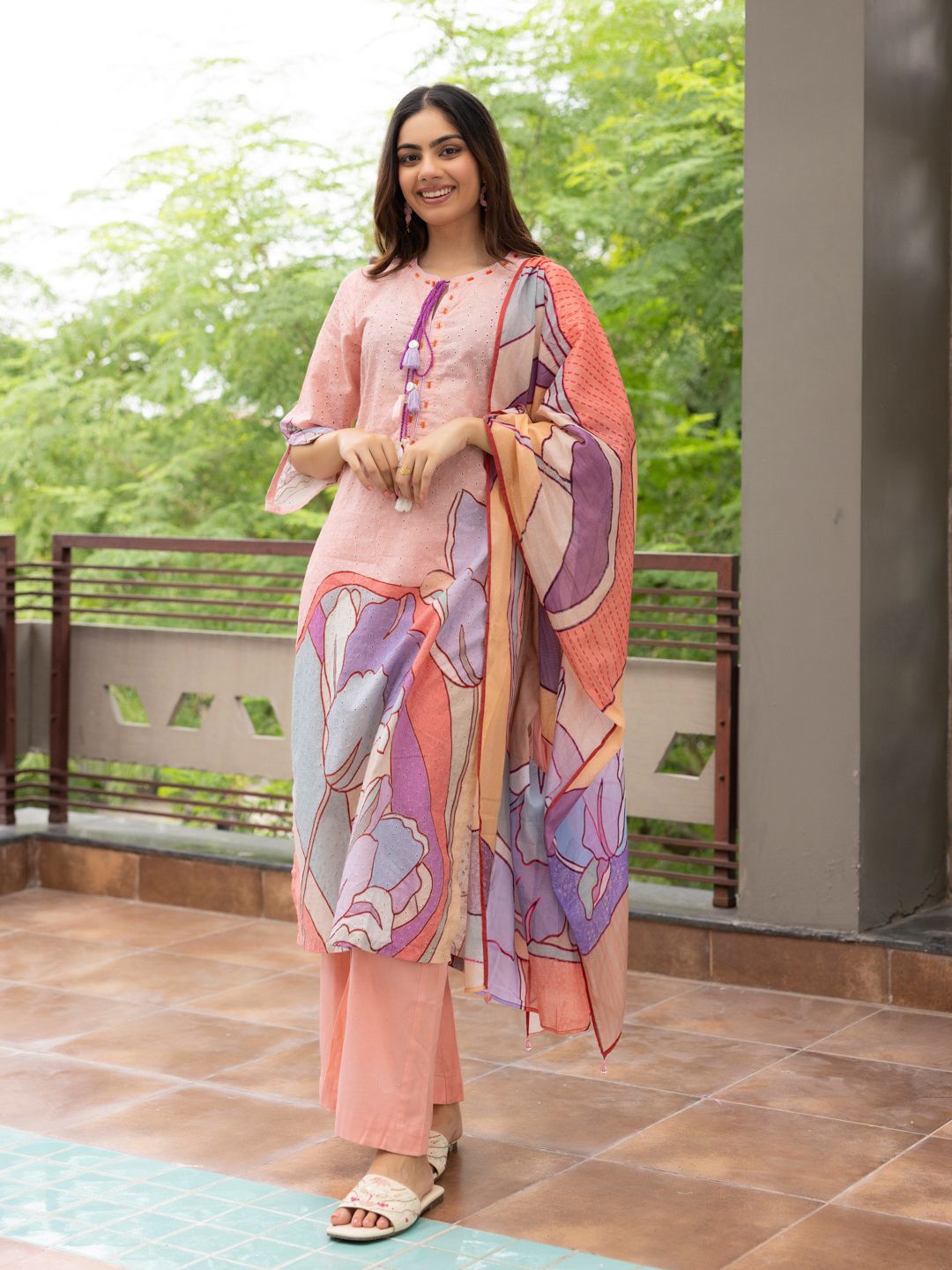 

Ambraee Floral Printed Thread Work Straight Kurta With Trouser & Dupatta, Peach