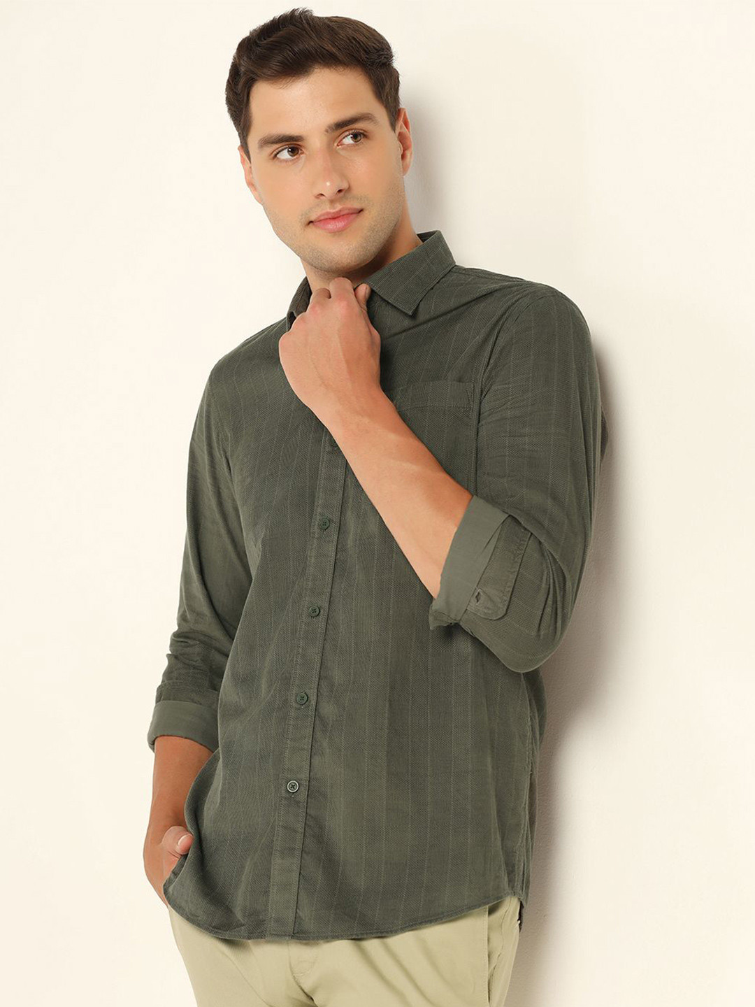 

Blackberrys Men India Slim Spread Collar Vertical Striped Cotton Slim Fit Casual Shirt, Olive