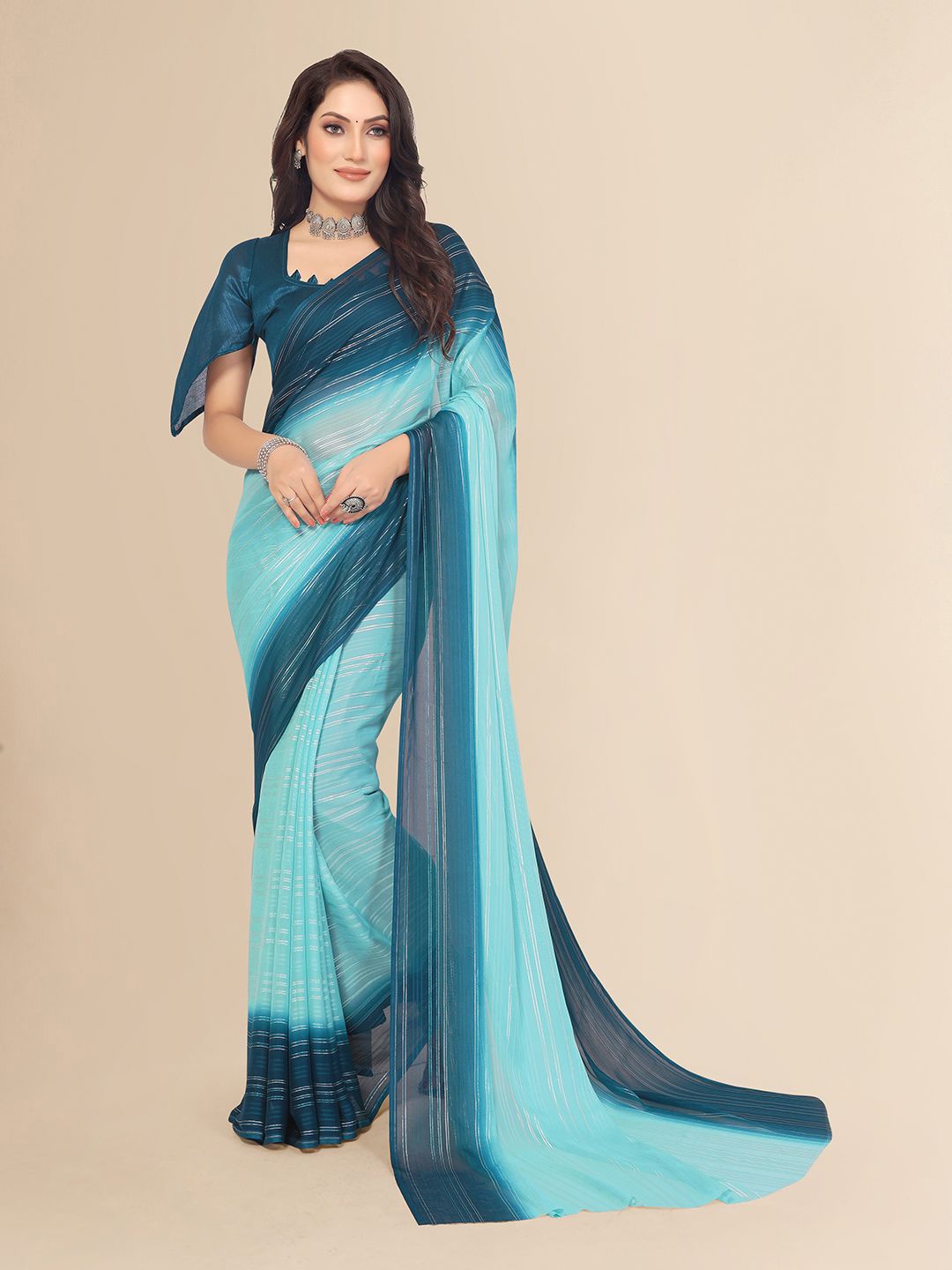 

Moda Rapido Women Striped Zari Satin Saree, Blue