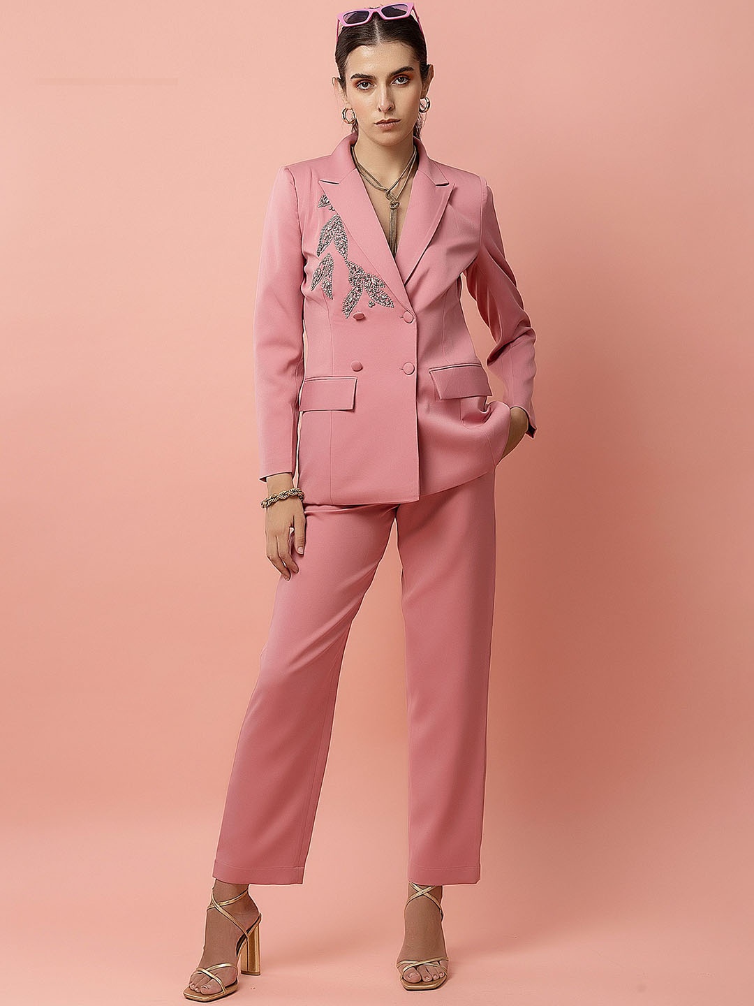 

Diwaah Embroidered Notched Lapel Collar Blazer With Trouser, Pink