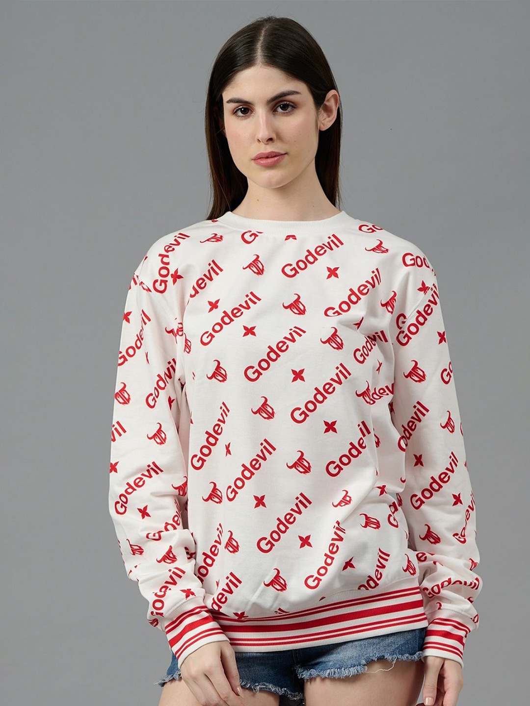 

GO DEVIL Women Printed Round Neck Pullover Sweatshirt, White