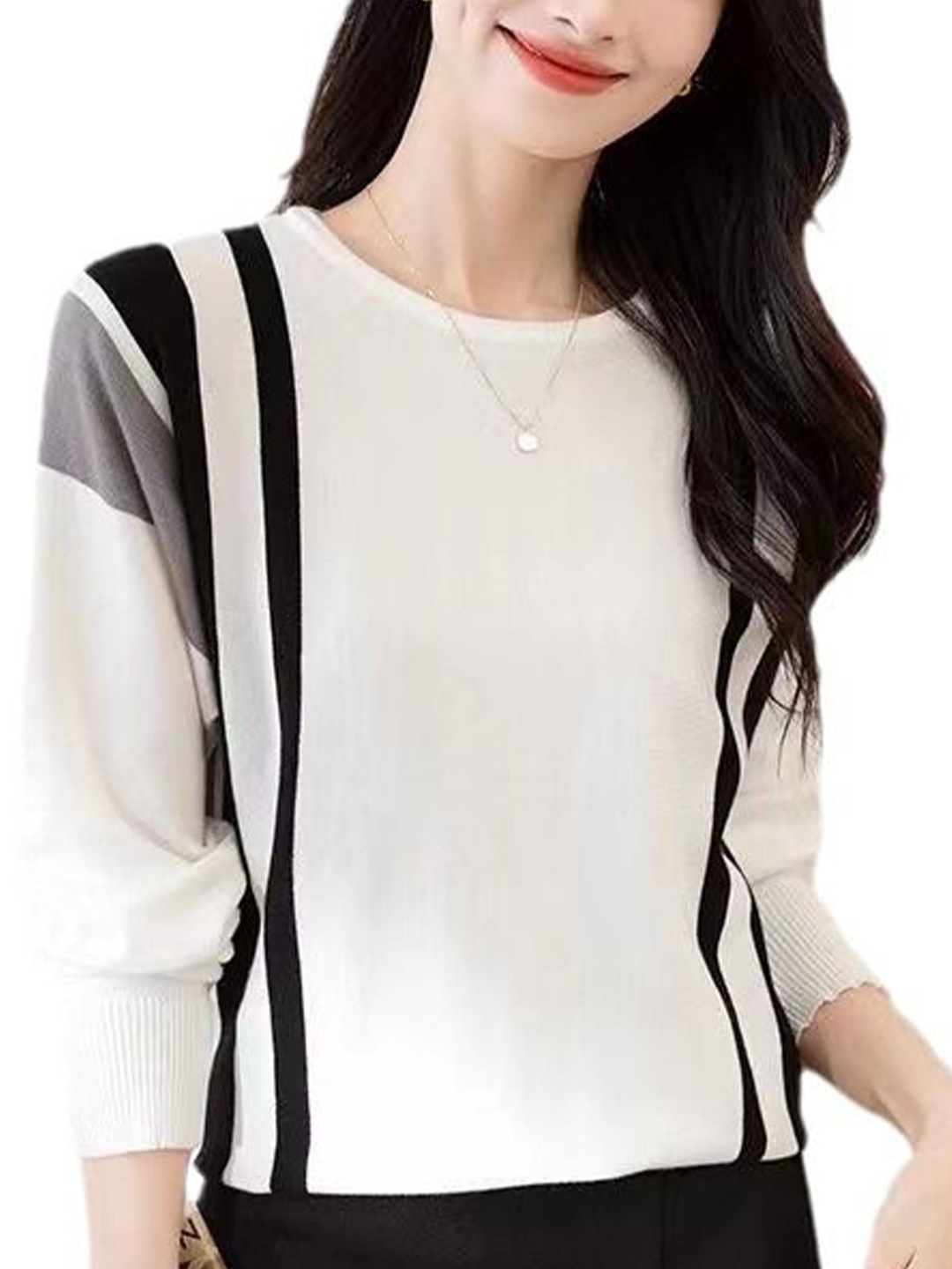 

StyleCast Women Striped Round Neck Full Sleeves Pullover Sweaters, White