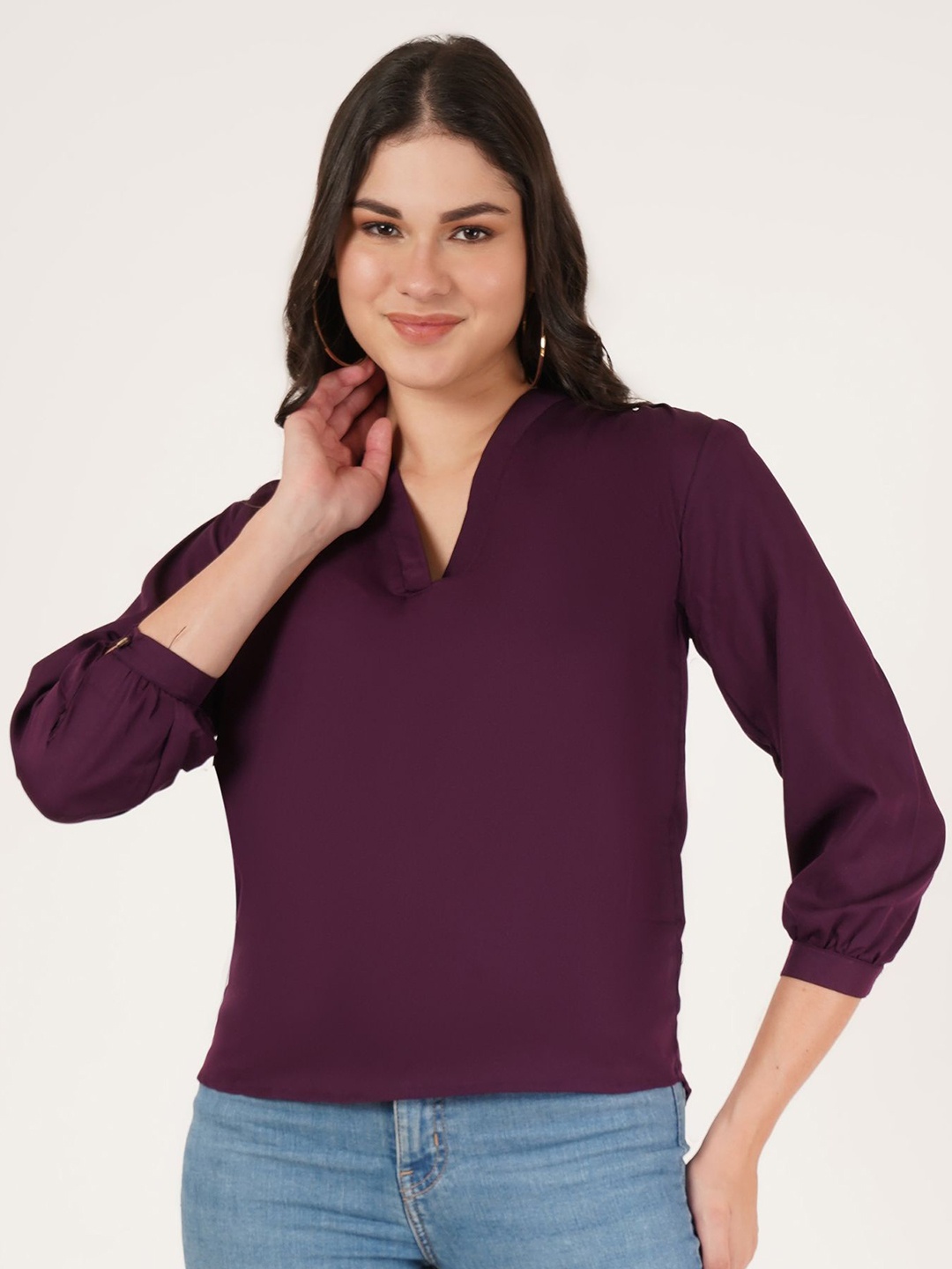 

Brownverse Women V-Neck Cuffed Sleeves Top, Purple