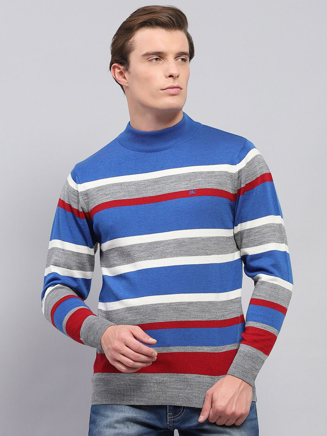 

Monte Carlo Men Striped Woollen Mock Collar Long Sleeve Pullover, Grey