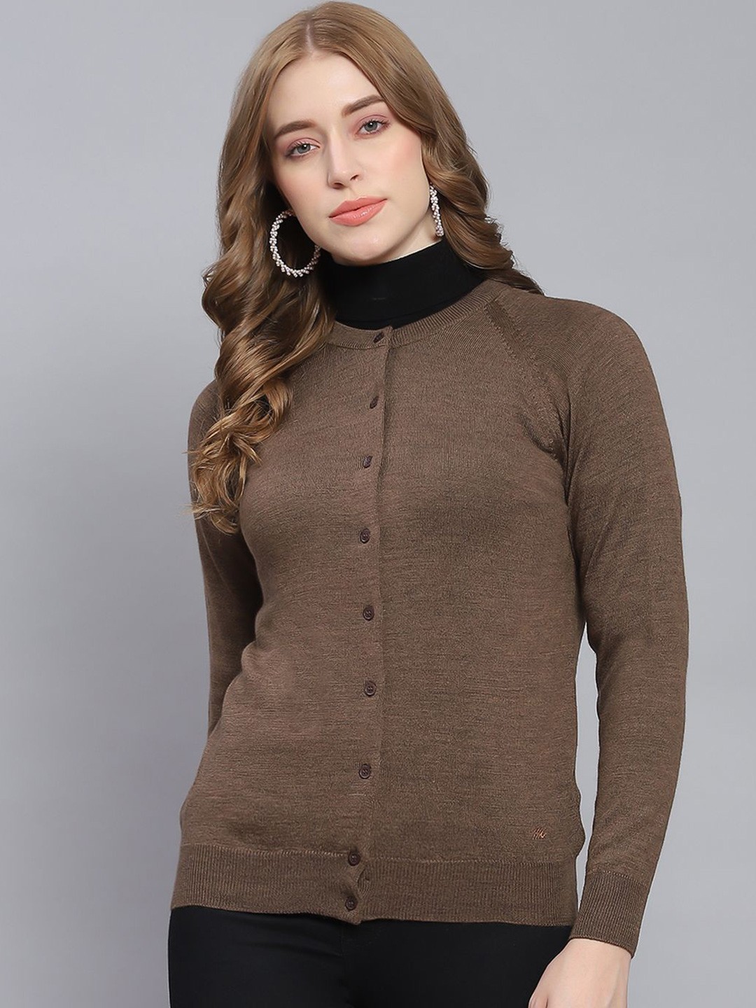 

Monte Carlo Women Solid Round Neck Cardigan, Brown