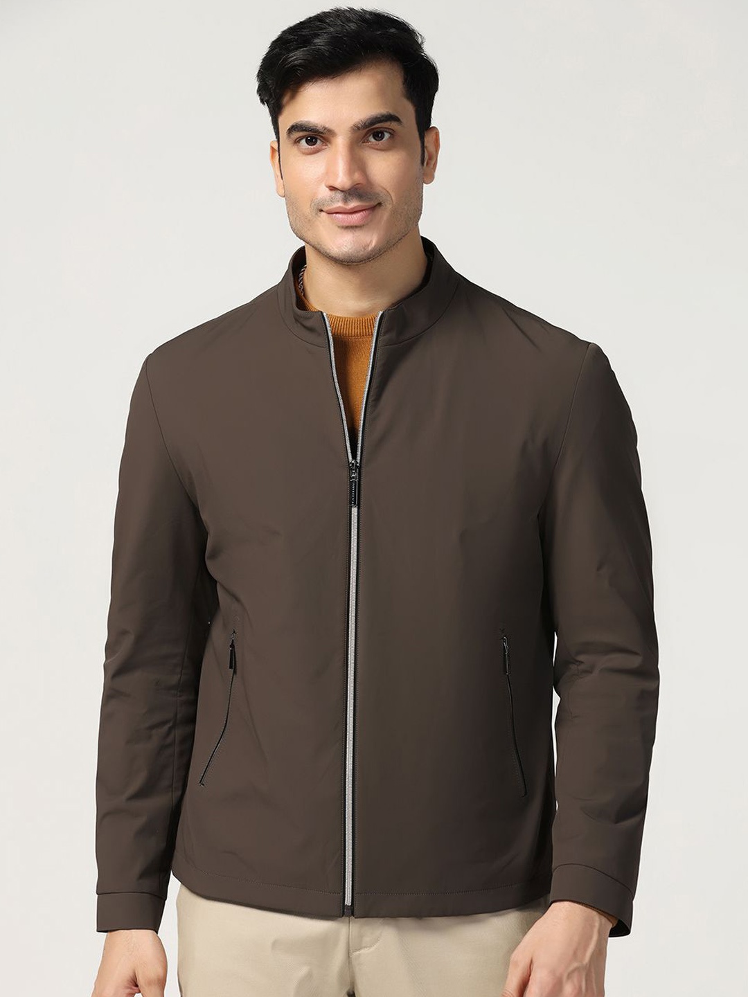 

Blackberrys Men Mock Collar Solid Casual Bomber Jacket, Brown