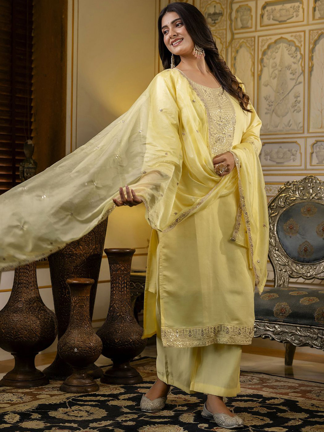 

VredeVogel Floral Embroidered Regular Sequinned Kurta With Palazzo With Dupatta, Yellow