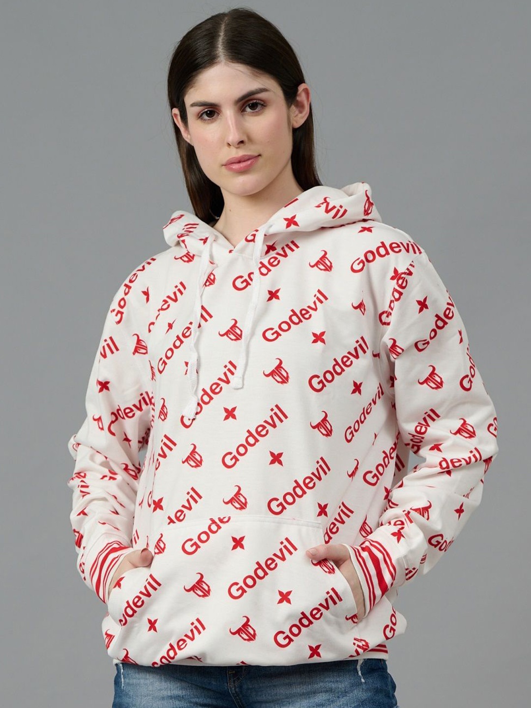 

GO DEVIL Women Brand Logo Printed Woollen Oversized Hooded Sweatshirt, White