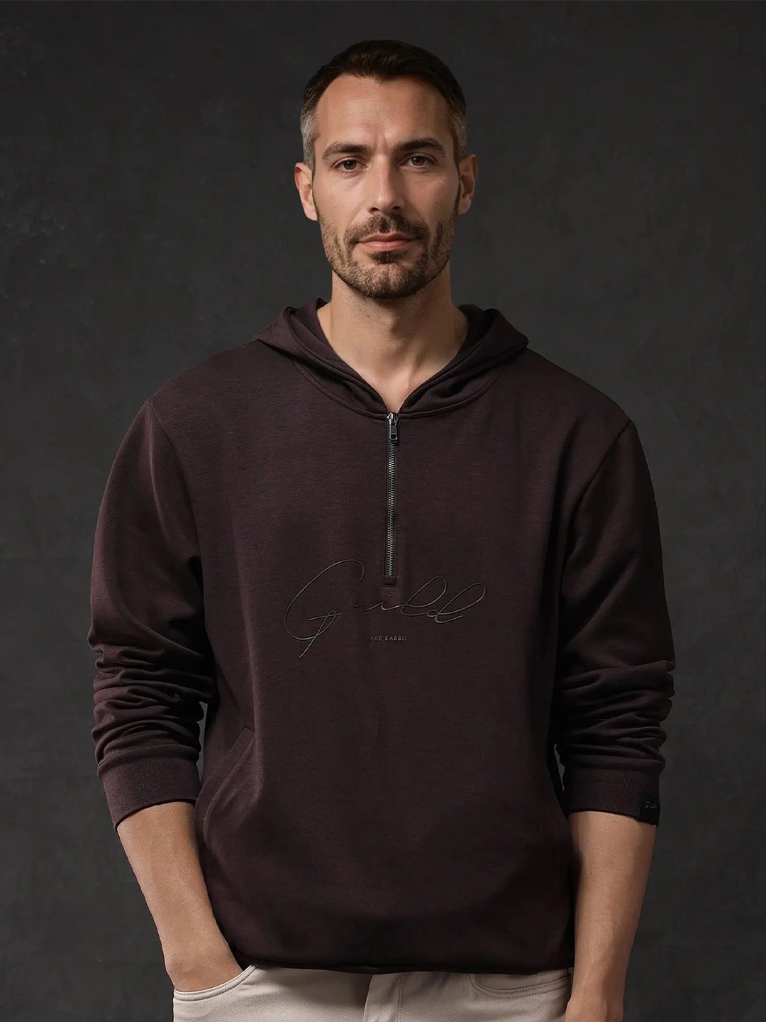 

RARE RABBIT Men Hooded Pullover Cotton Sweatshirt, Maroon