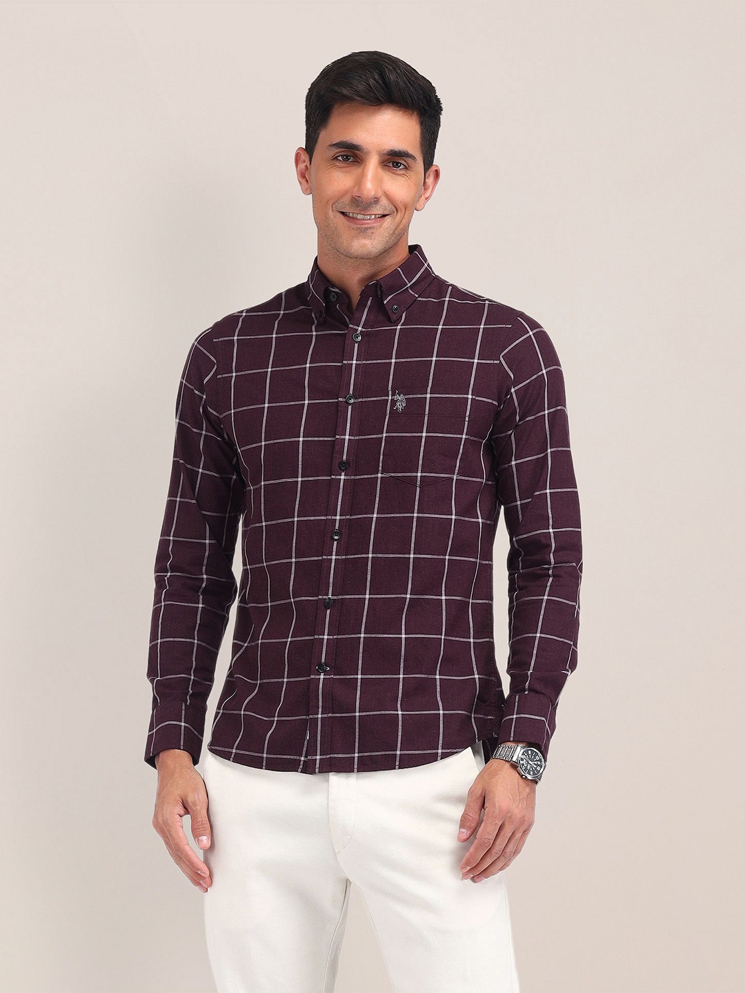 

U.S. Polo Assn. Men Classic Checks Printed Cotton Tailored Fit Casual Shirt, Maroon