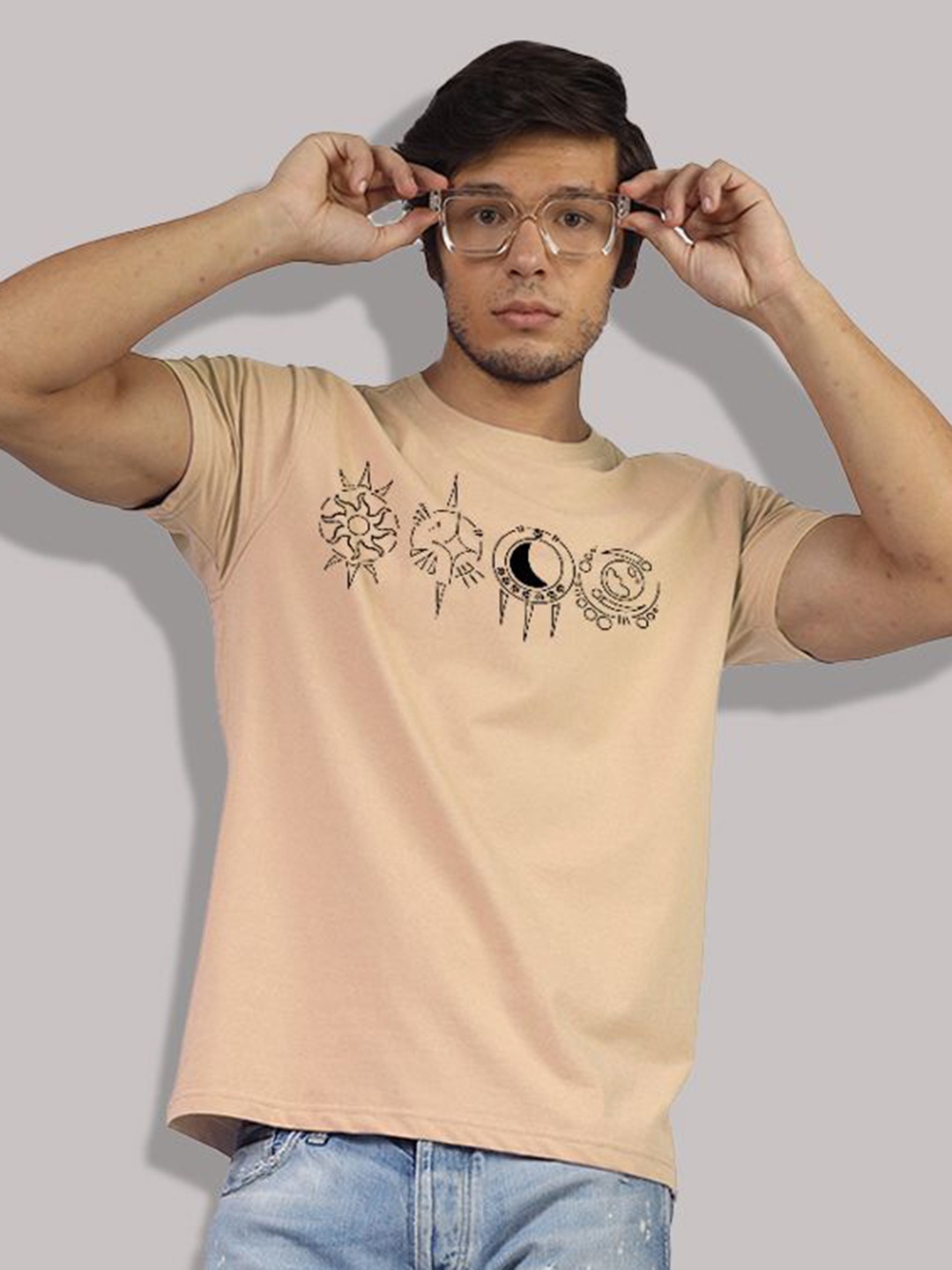 

Greylongg Men Graphic Printed Round Neck Cotton T-shirt, Beige