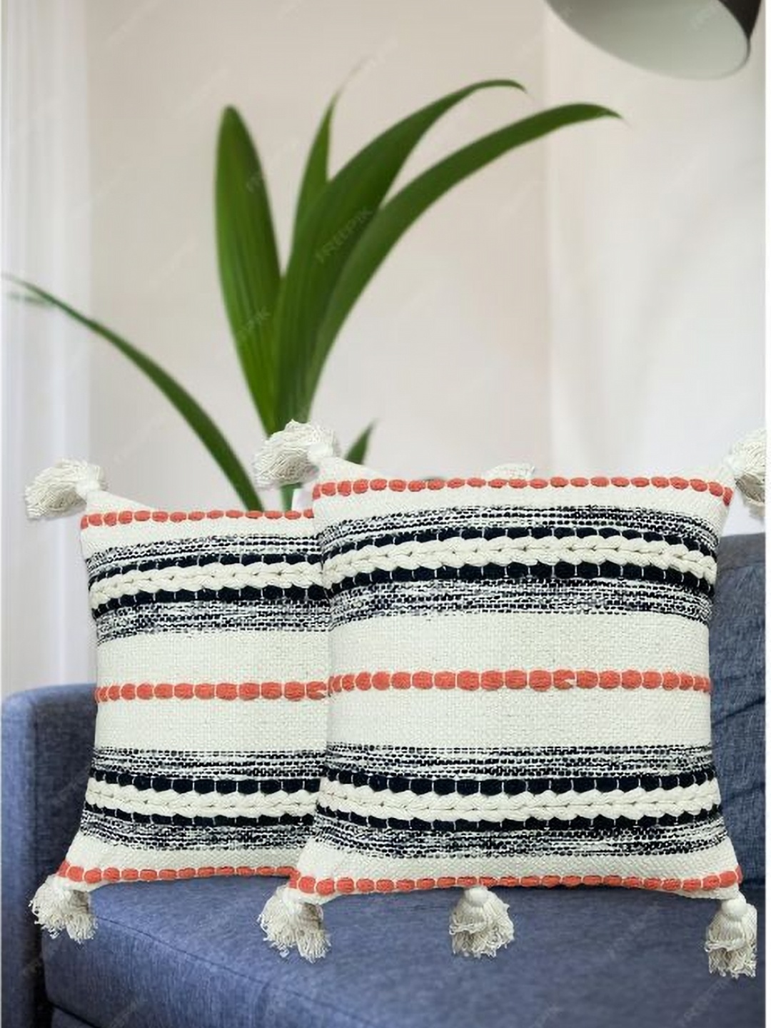 

SAJAVAT Off White & Black 2 Pieces Embroidered Square Cushion Covers