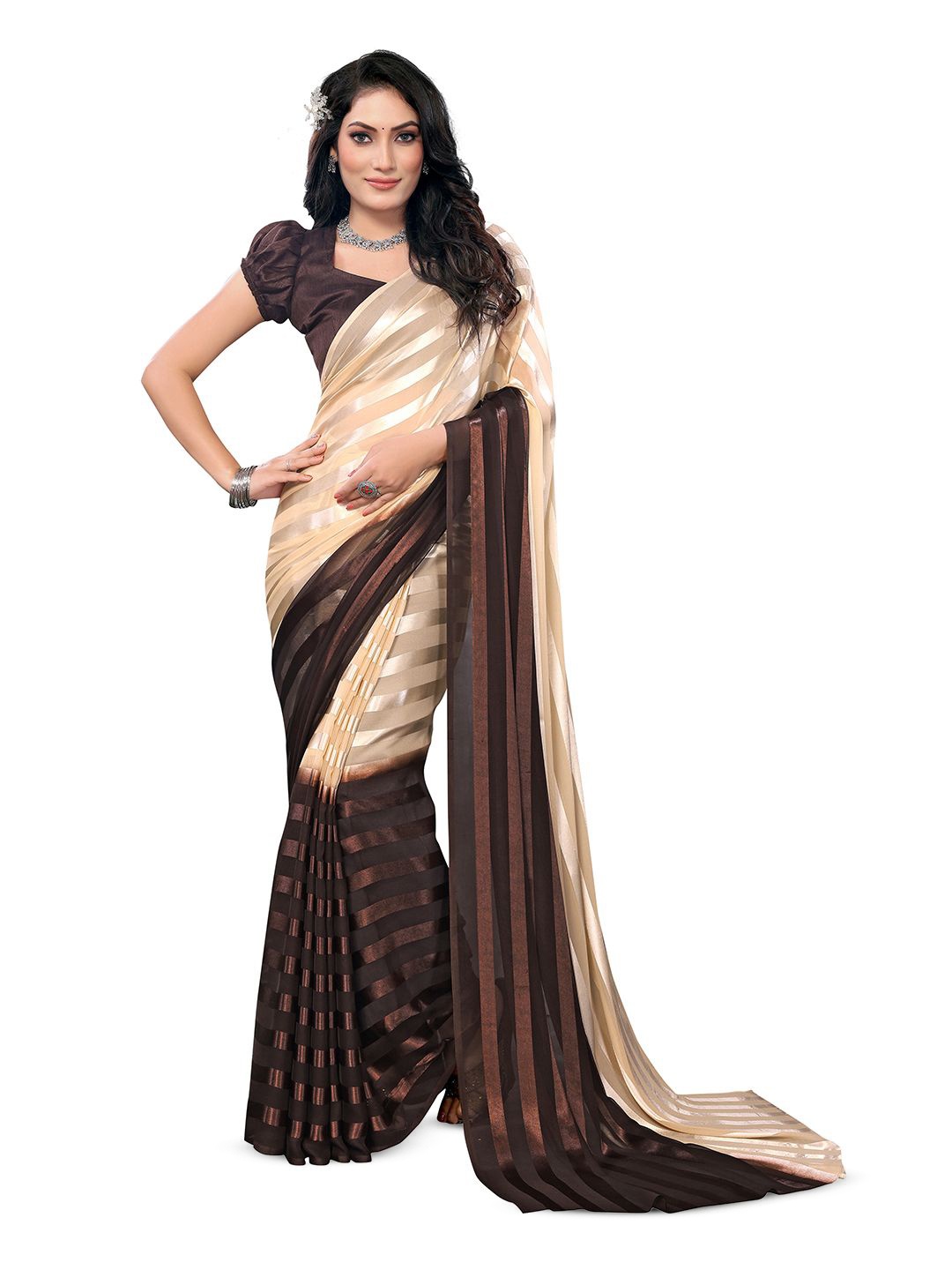 

Moda Rapido Striped Satin Saree With Blouse Piece, Beige
