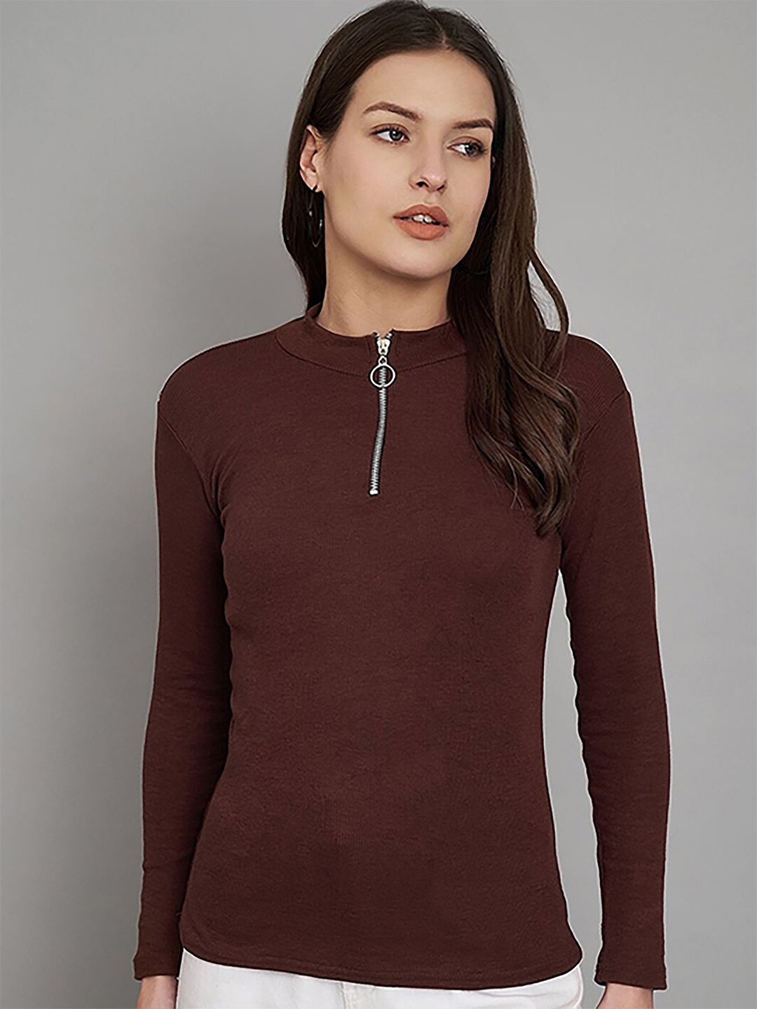 

Dream Beauty Fashion Women Round Neck Long Sleeves Top, Brown