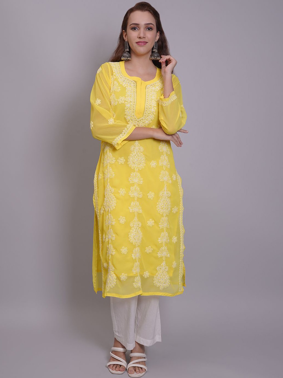 

Seva Chikan Paisley Embroidered Round Neck Chikankari Georgette Kurta & Camisole, Yellow