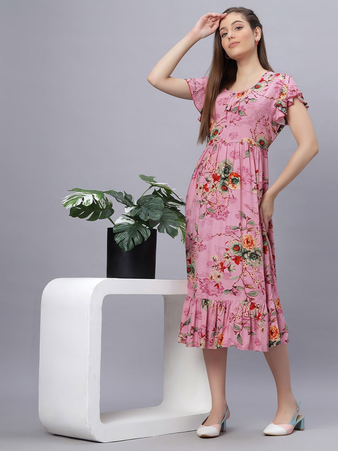 

QUIRA Floral Printed Fit & Flare Dress, Pink