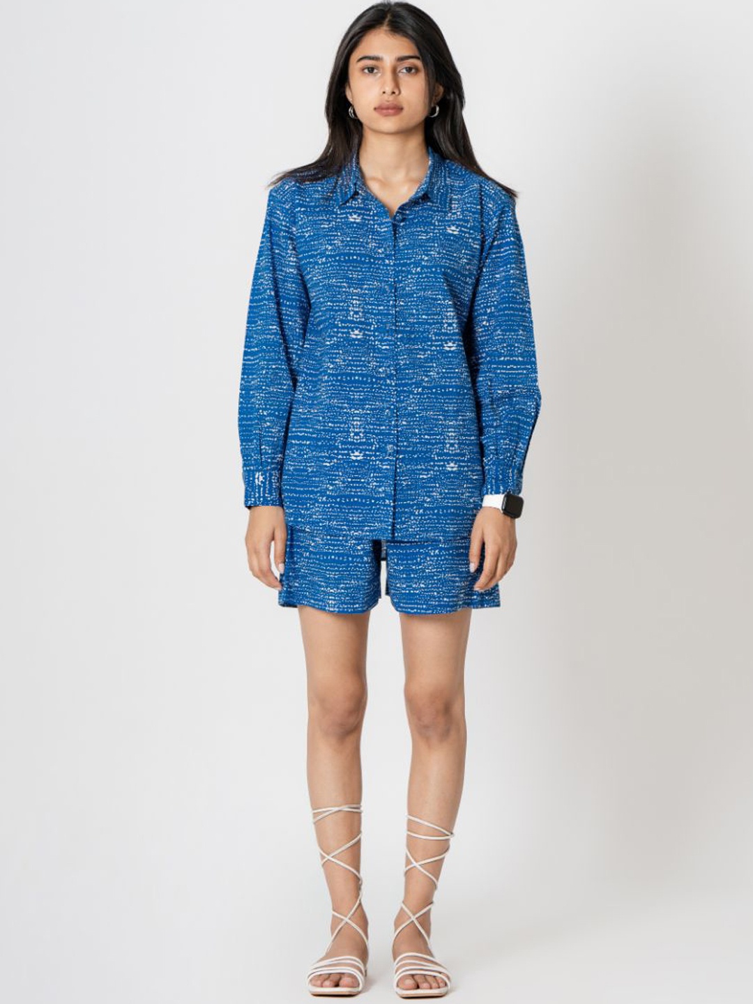 

Kameez by Pooja Kejriwal Jenzie Printed Pure Cotton Shirt & Shorts, Blue