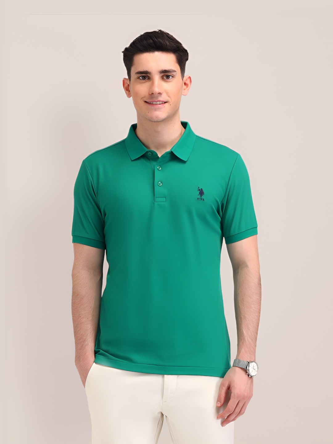 

U.S. Polo Assn. Men Solid Polo Collar Cotton Slim Fit T-shirt, Green