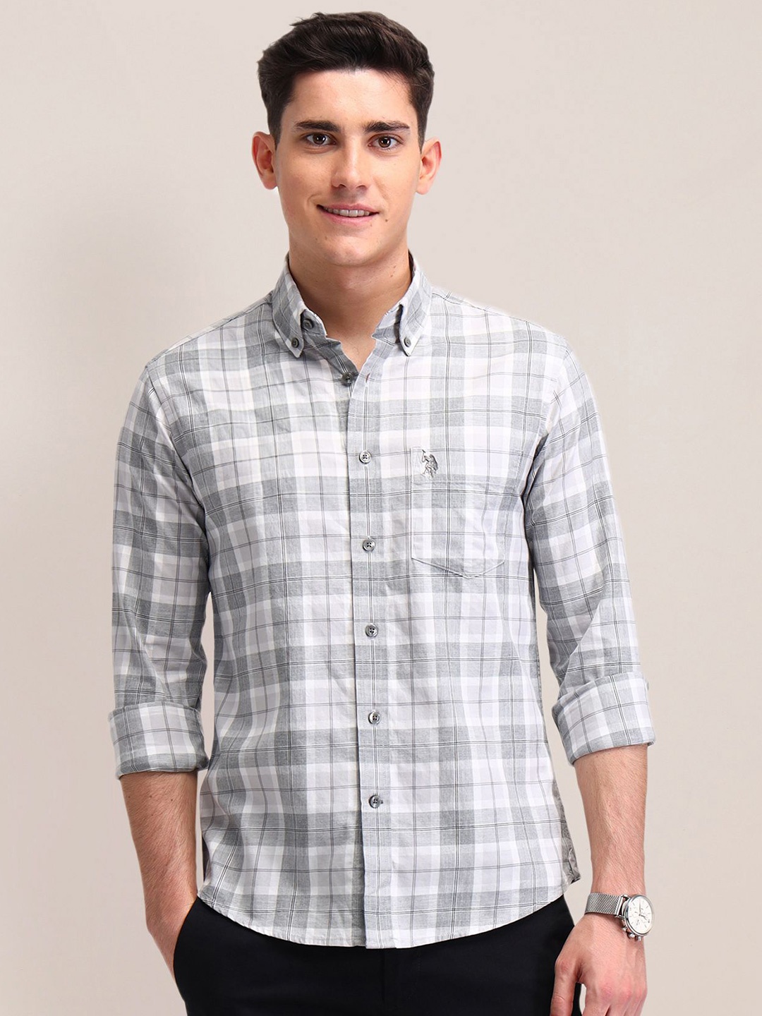 

U.S. Polo Assn. Men Classic Tailored Fit Opaque Checked Casual Shirt, Grey