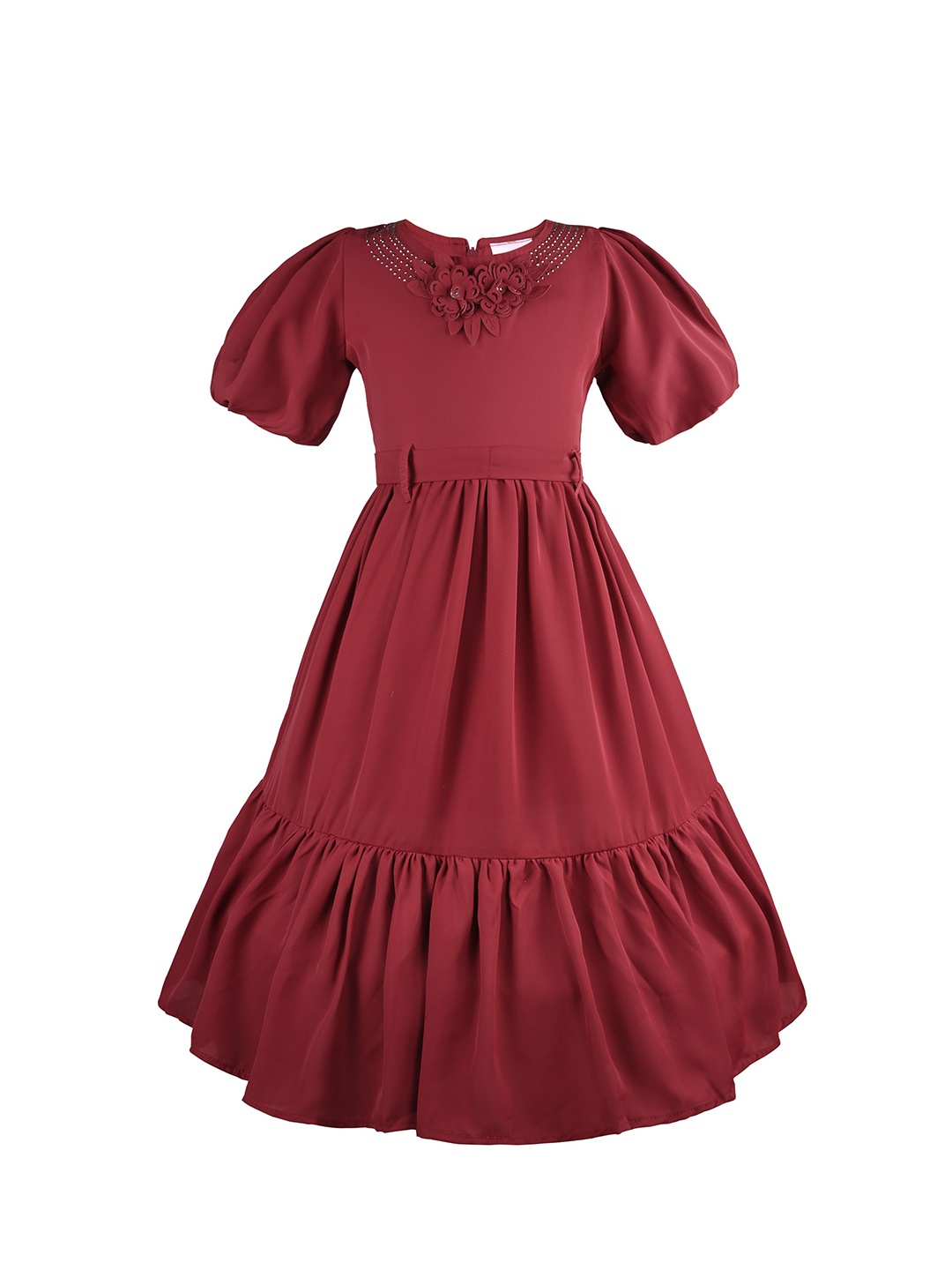 

Wish Karo Girls Puff Sleeve Satin Fit & Flare Applique Dress, Maroon