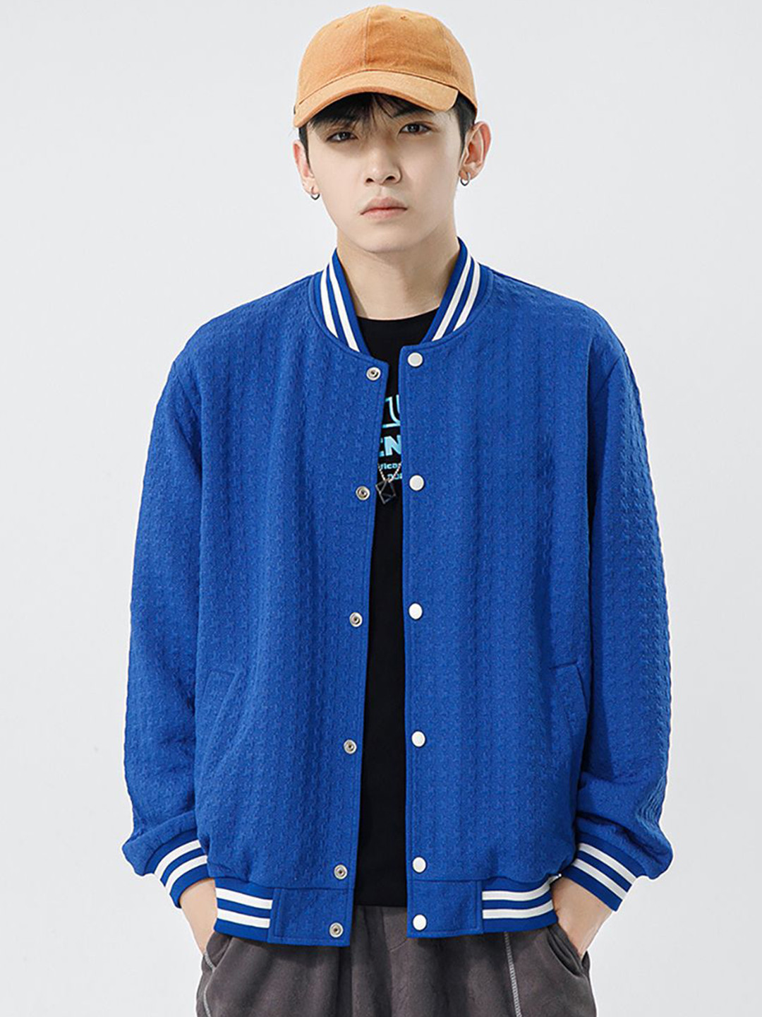 

StyleCast x Revolte Men Stand Collar Self Design Casual Bomber Jacket, Blue