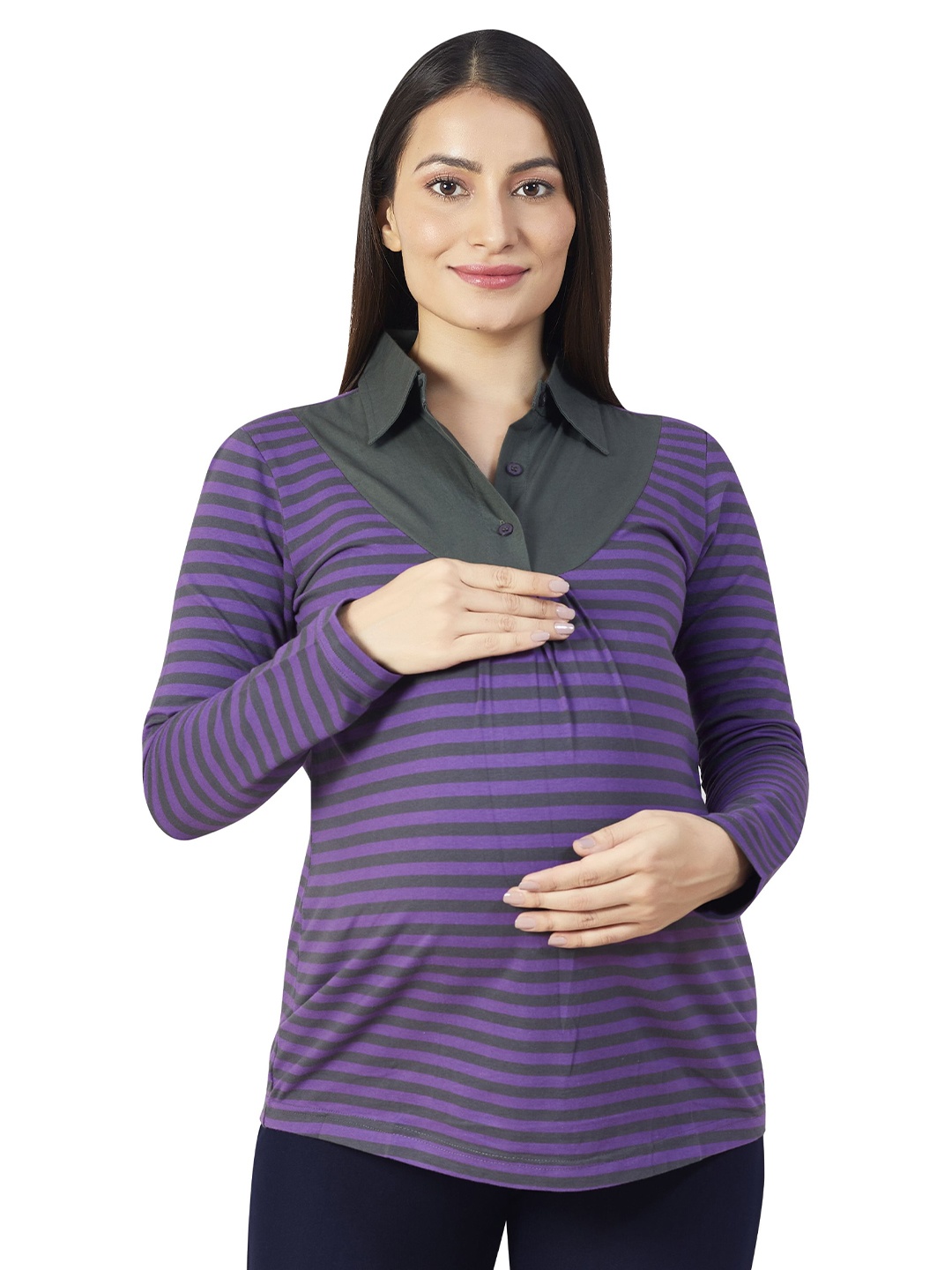 

Uzazi Women Horizontal Stripes Striped Regular Top, Purple