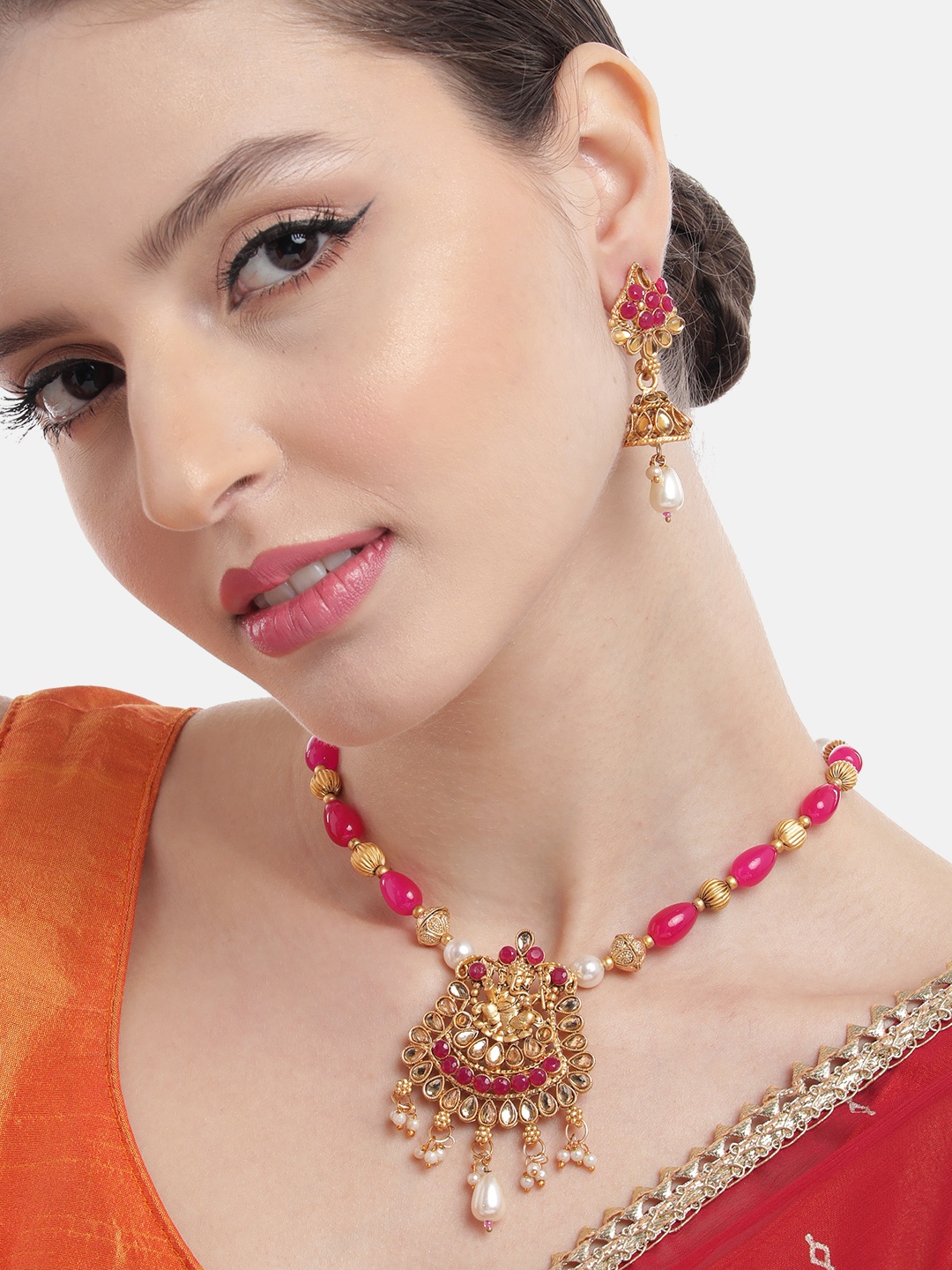 

MANSIYAORANGE Gold-Plated Temple Theme Crystal Pearl Long Necklace With Earrings Set, Pink